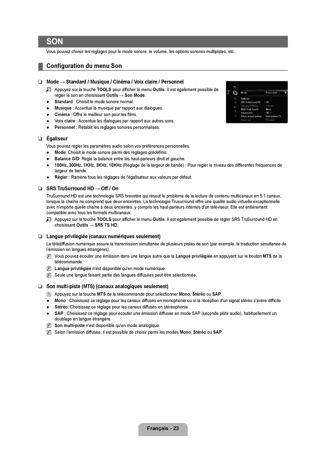 Samsung LN46B640, LN55B640, LN52B630 Configuration du menu Son, Égaliseur, Langue privilégiée canaux numériques seulement 