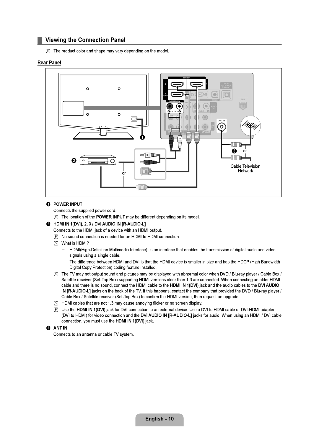 Samsung LN40B640 Viewing the Connection Panel, Rear Panel, Product color and shape may vary depending on the model 