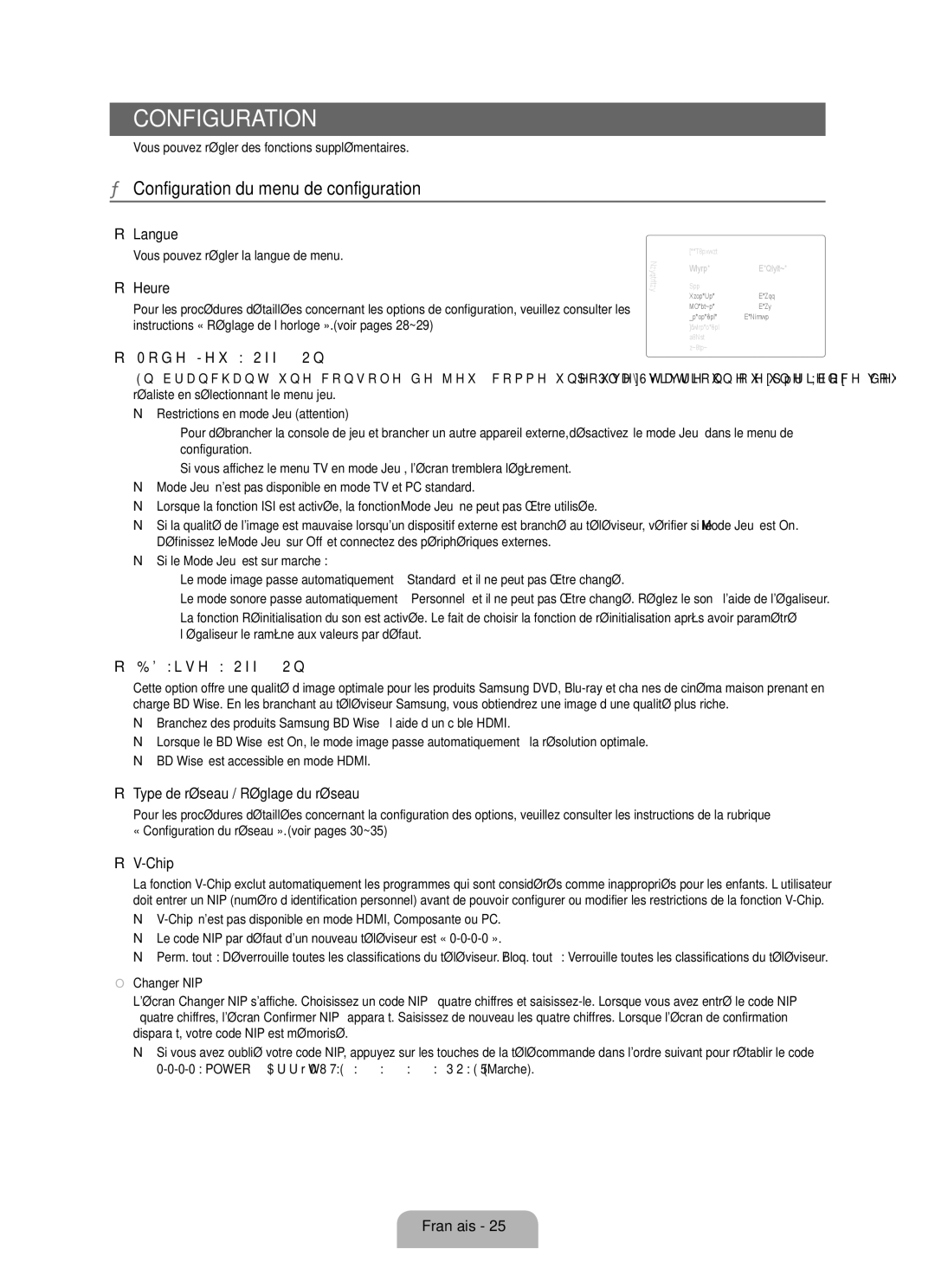 Samsung LN55B640, LN52B630, LN37B650, LN40B630 Configuration du menu de configuration, Langue, Heure, Mode Jeu → Off / On 