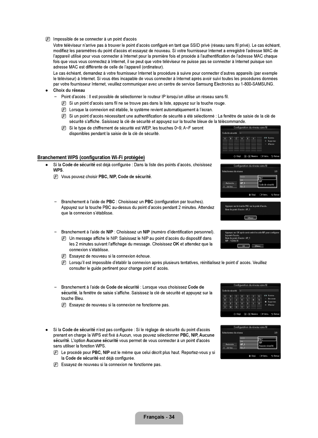 Samsung LN52B630, LN55B640 Branchement WPS configuration Wi-Fi protégée, Impossible de se connecter à un point daccès 