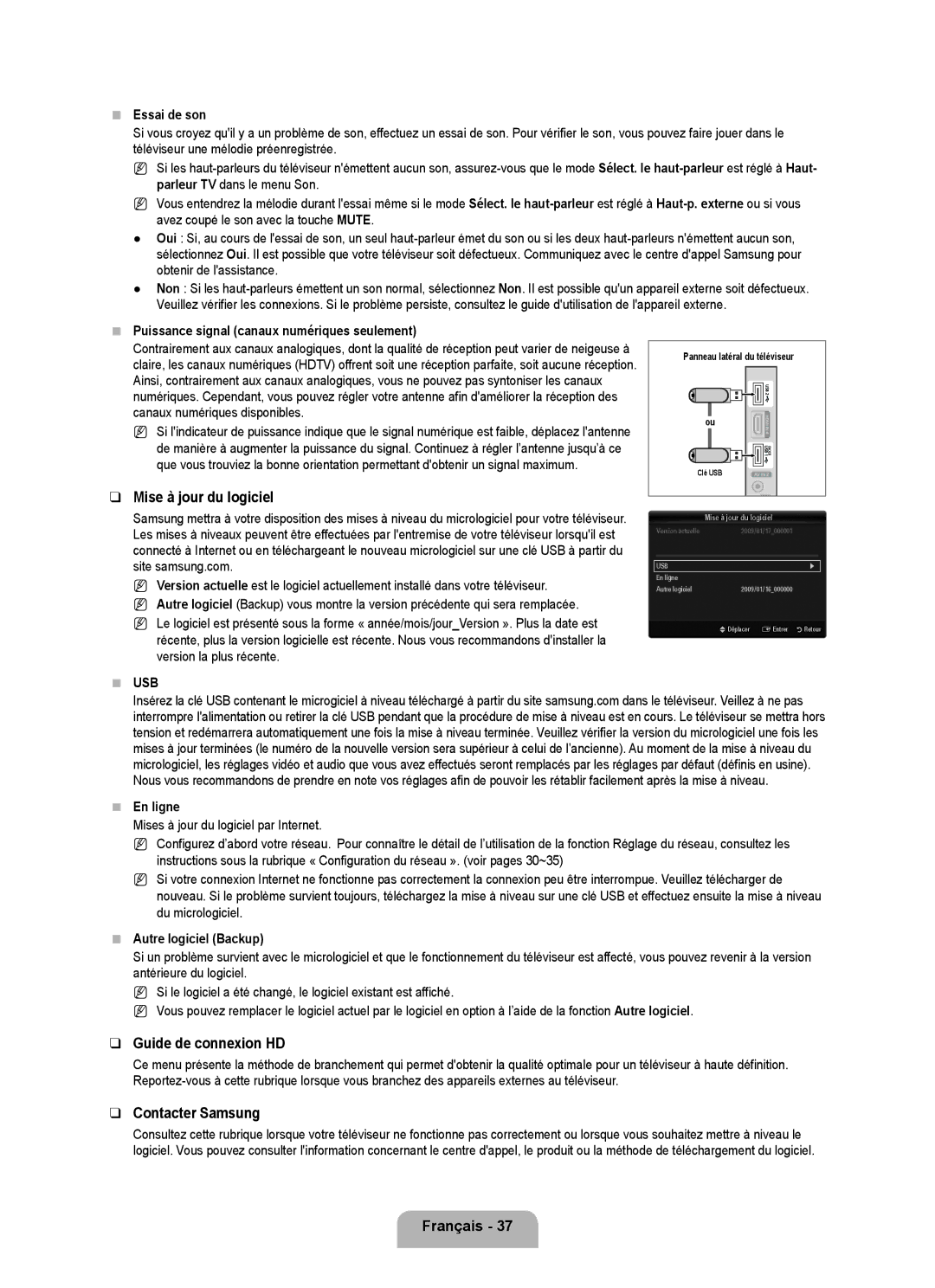 Samsung LN40B640, LN55B640, LN52B630, LN37B650, LN40B630 Mise à jour du logiciel, Guide de connexion HD, Contacter Samsung 