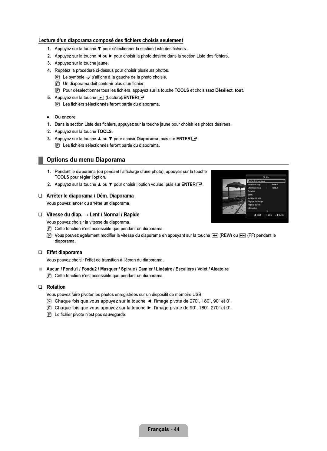 Samsung LN40B630, LN55B640 Options du menu Diaporama, Arrêter le diaporama / Dém. Diaporama, Effet diaporama, Rotation 