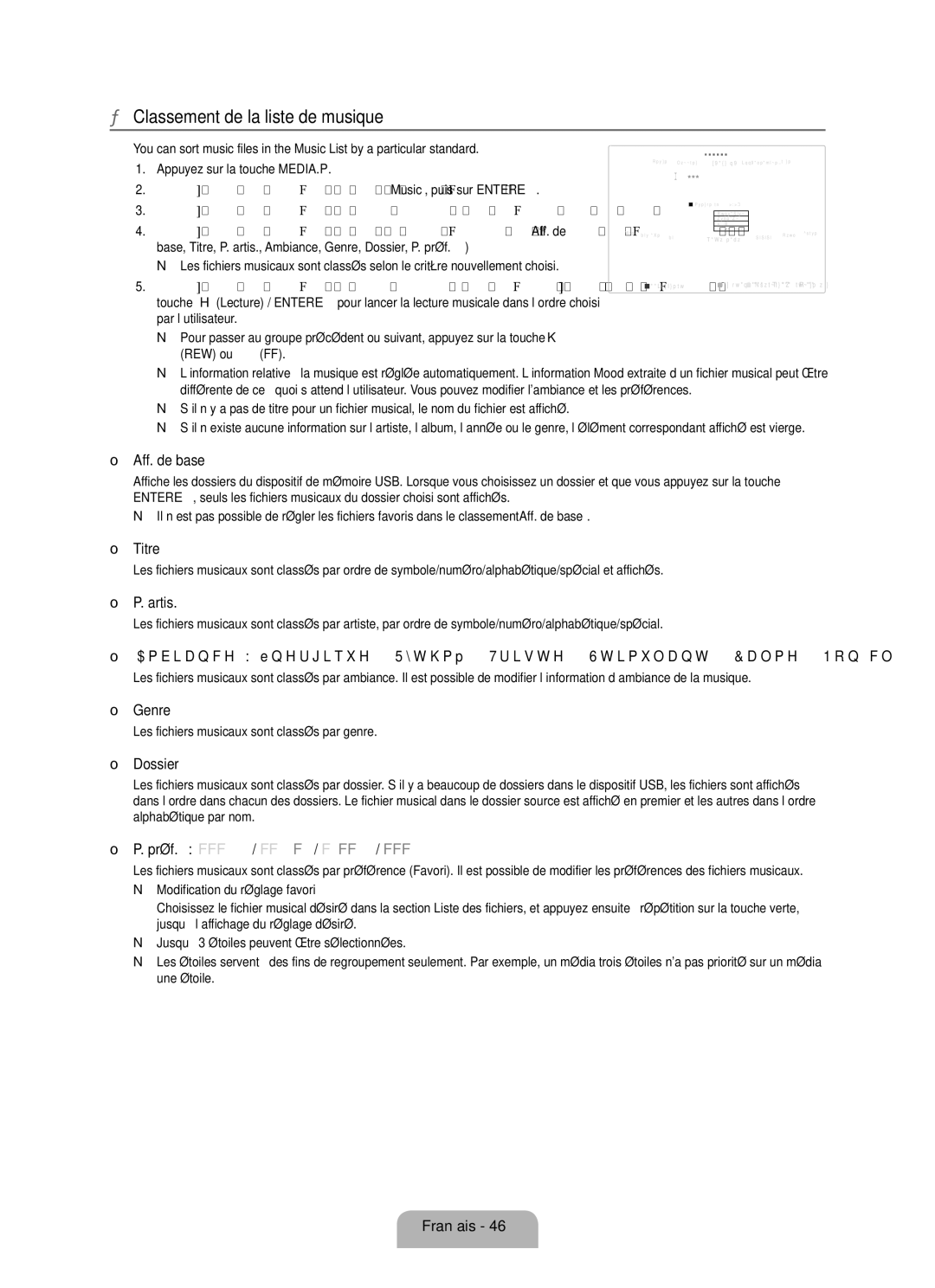 Samsung LN32B650, LN55B640 Classement de la liste de musique, Titre, Artis, Les fichiers musicaux sont classés par genre 