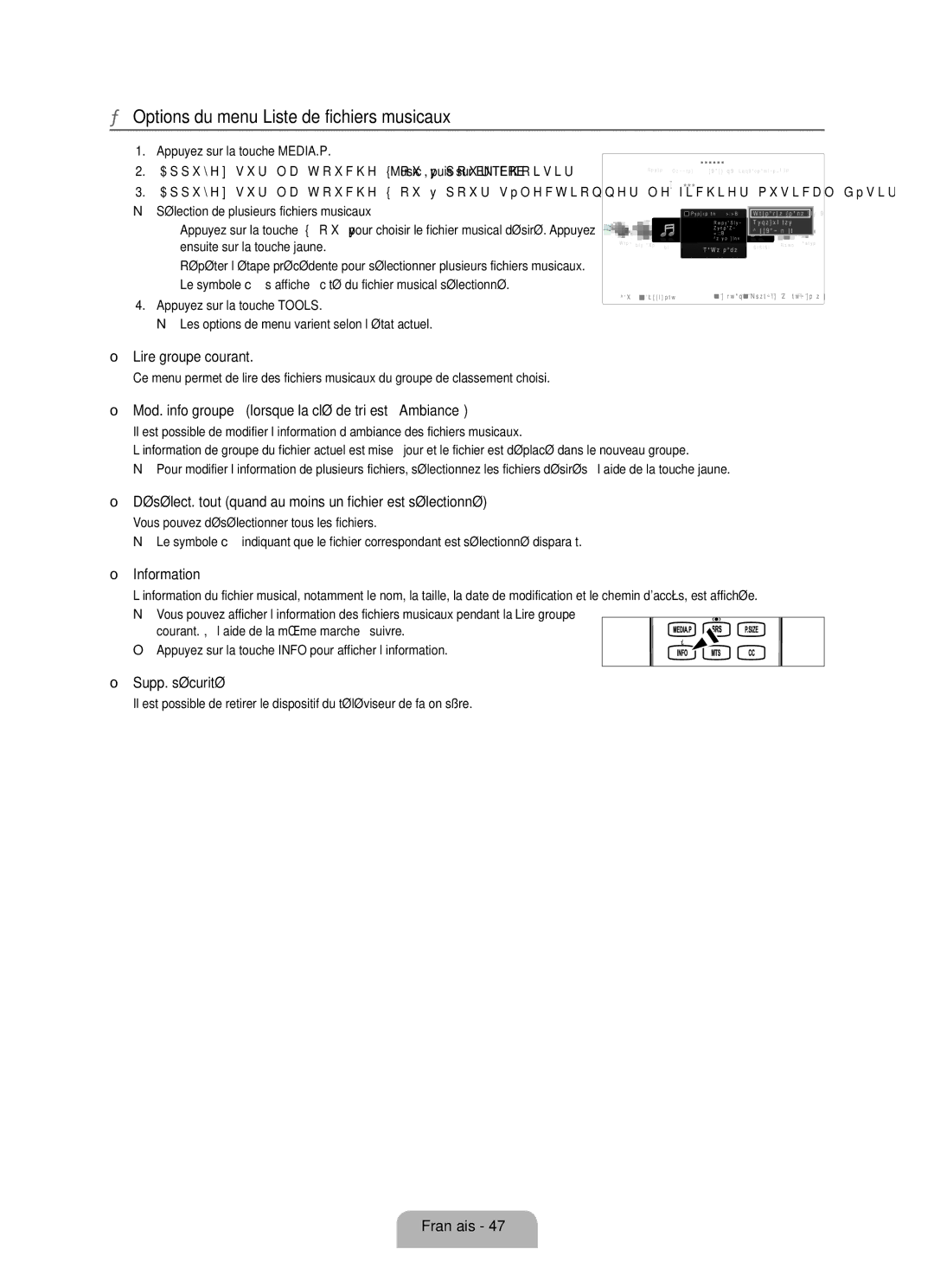 Samsung LN46B640, LN55B640 Options du menu Liste de fichiers musicaux, Mod. info groupe lorsque la clé de tri est Ambiance 