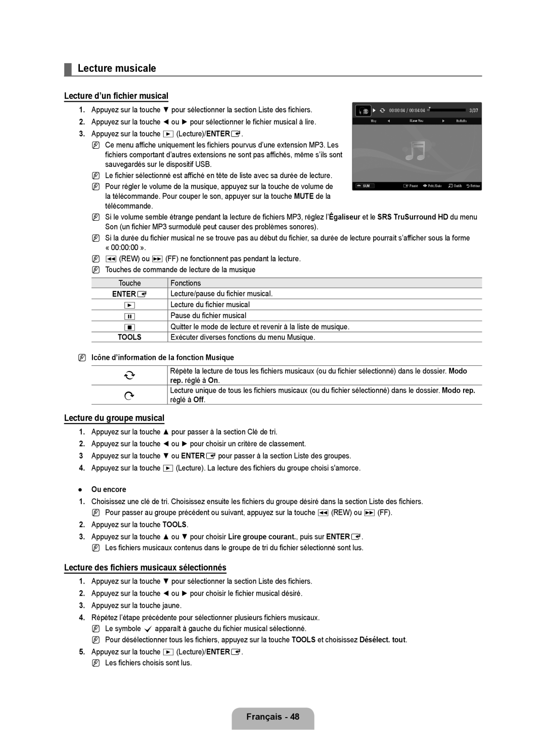 Samsung LN46B630, LN55B640, LN52B630, LN37B650 Lecture musicale, Lecture d’un fichier musical, Lecture du groupe musical 