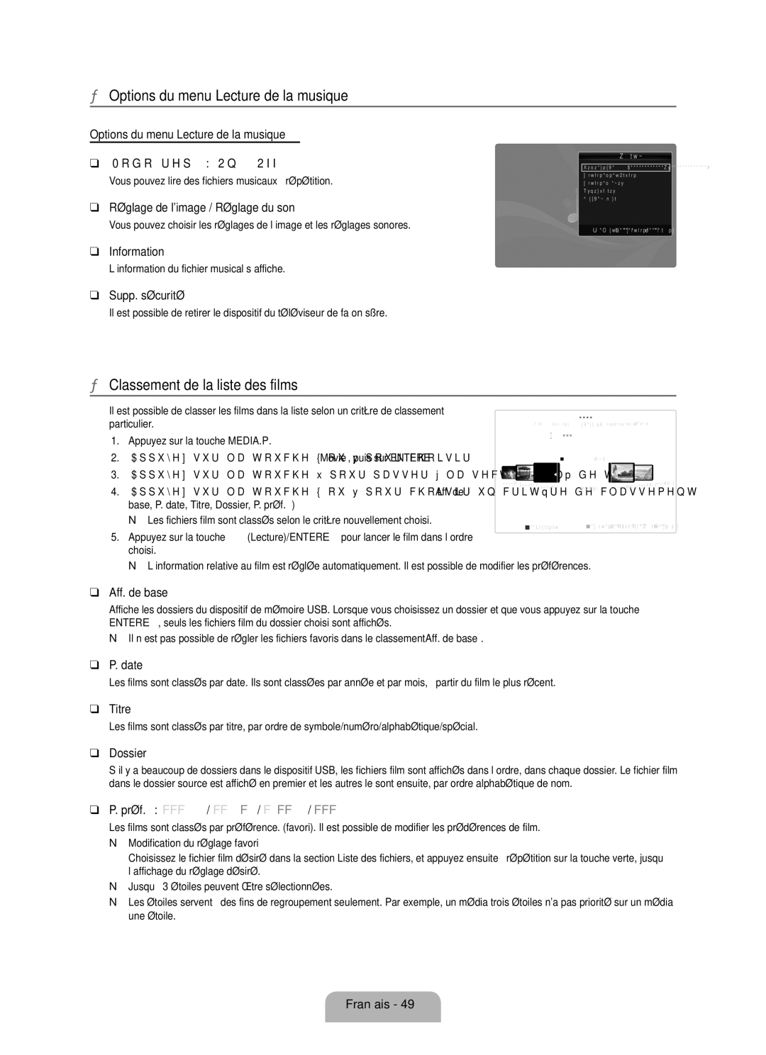 Samsung LN55B640, LN52B630, LN37B650, LN40B630 Options du menu Lecture de la musique, Classement de la liste des films 