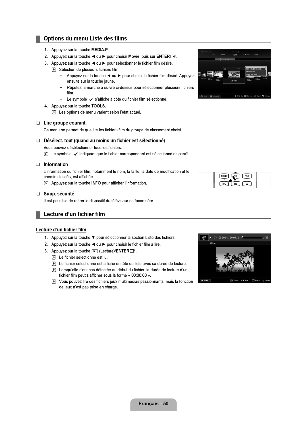 Samsung LN52B630, LN55B640, LN37B650, LN40B630, LN40B640, LN32B650 Options du menu Liste des films, Lecture d’un fichier film 