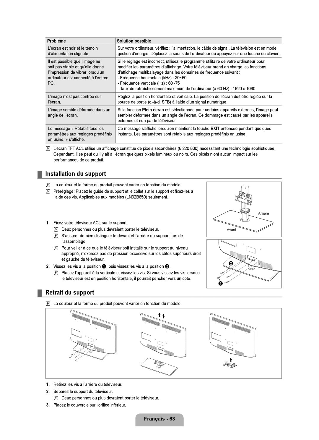 Samsung LN46B640, LN55B640, LN52B630, LN37B650, LN40B630, LN40B640, LN32B650 Installation du support, Retrait du support 