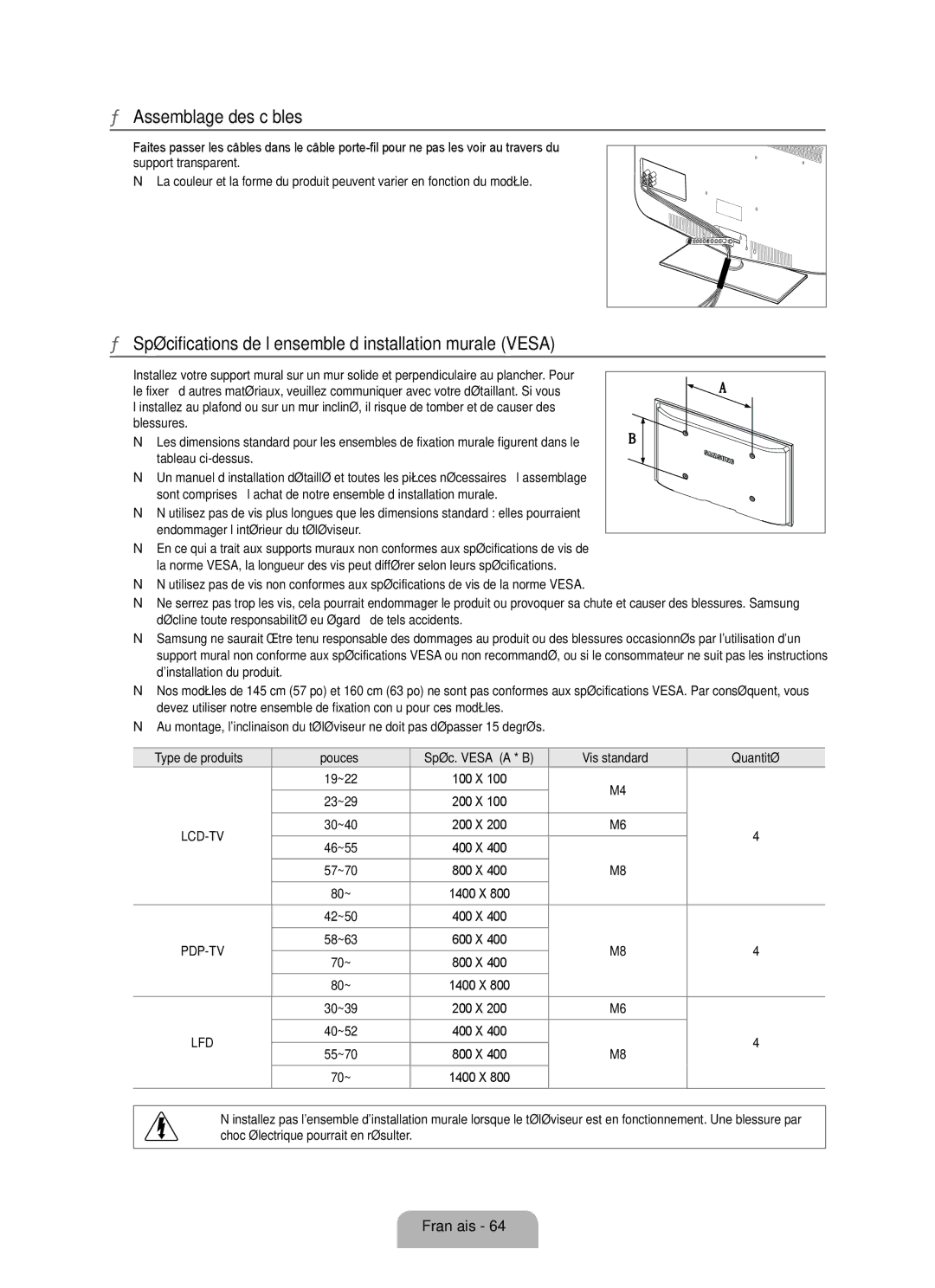 Samsung LN46B630, LN55B640, LN52B630 Assemblage des câbles, Spécifications de l’ensemble d’installation murale Vesa 