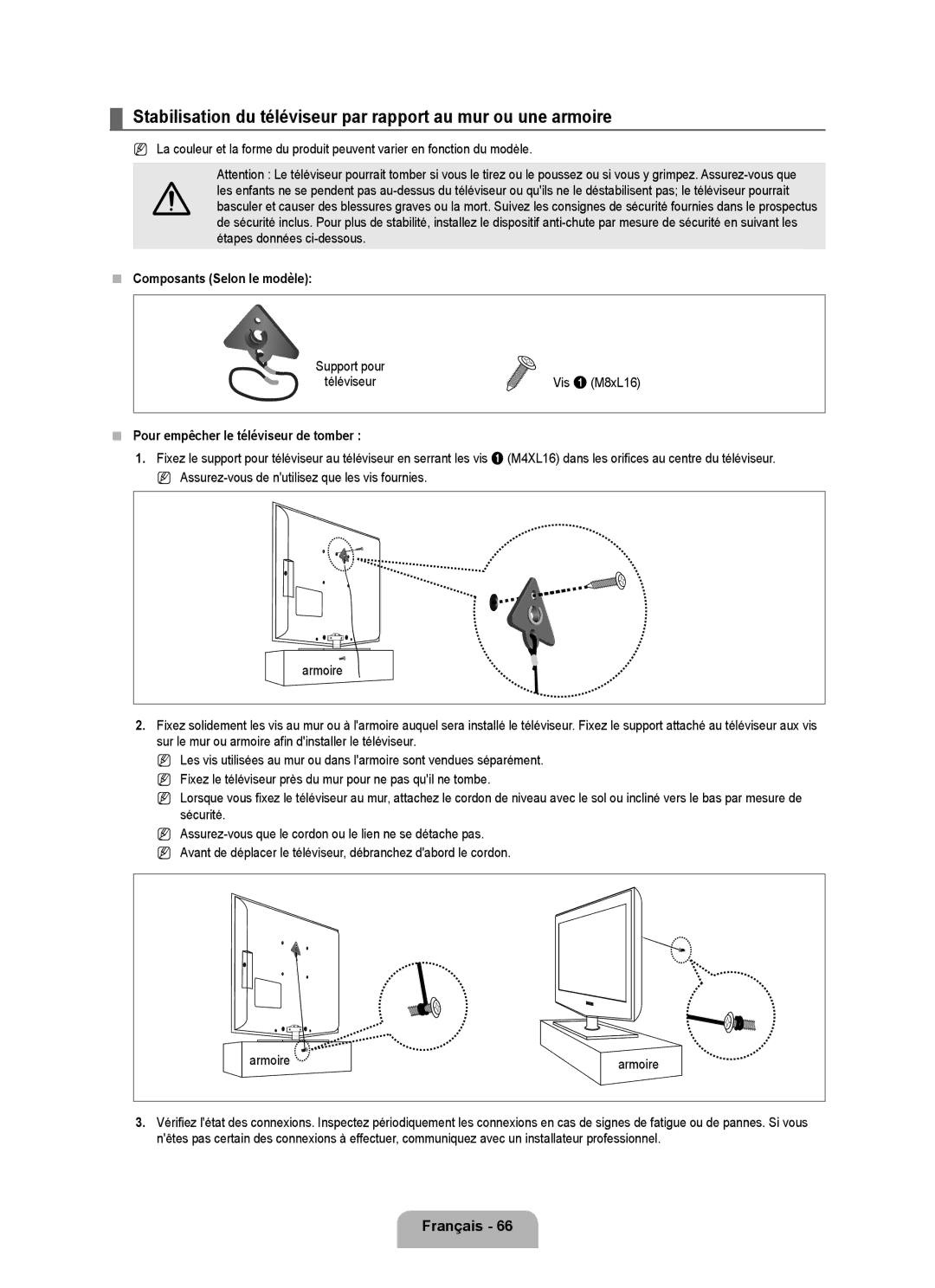 Samsung LN52B630, LN55B640, LN37B650, LN40B630  Composants Selon le modèle,  Pour empêcher le téléviseur de tomber 