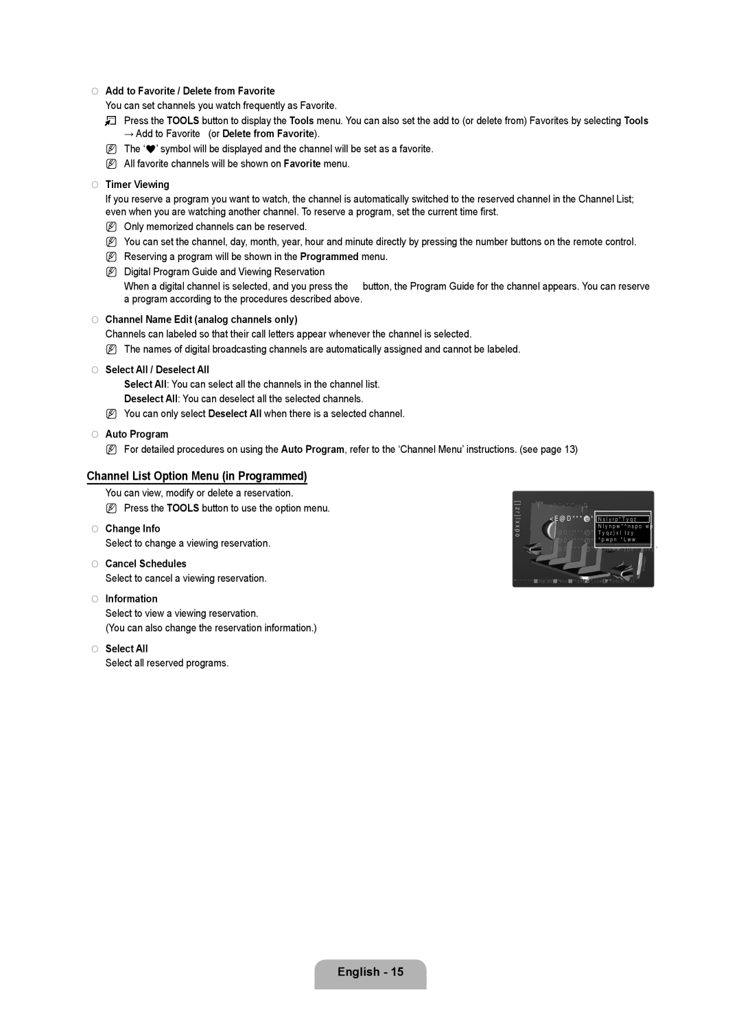 Samsung LN52B630, LN55B640, LN37B650, LN40B630, LN40B640, LN32B650, LN46B640, LN46B630 Channel List Option Menu in Programmed 