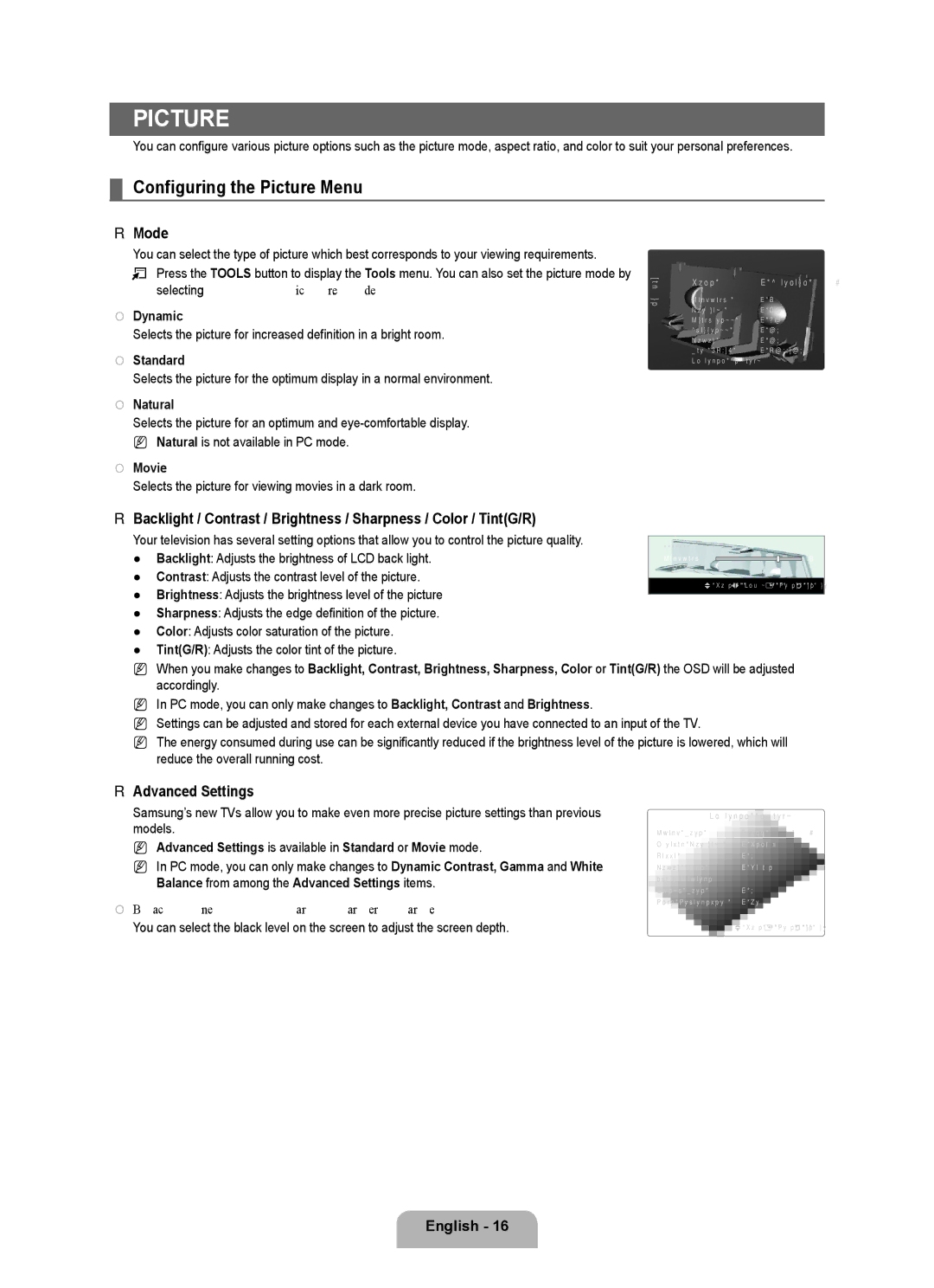 Samsung LN37B650, LN55B640, LN52B630, LN40B630, LN40B640, LN32B650 Configuring the Picture Menu, Mode, Advanced Settings 