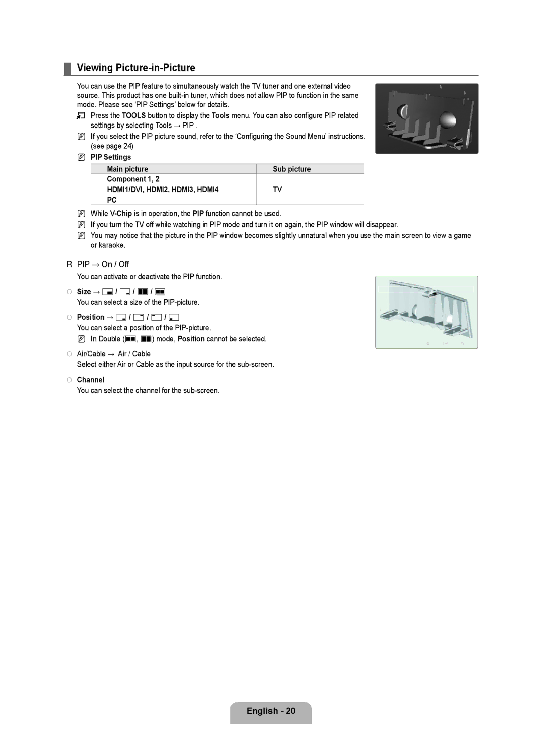 Samsung LN46B640, LN55B640, LN52B630, LN37B650, LN40B630, LN40B640, LN32B650 Viewing Picture-in-Picture, PIP → On / Off 