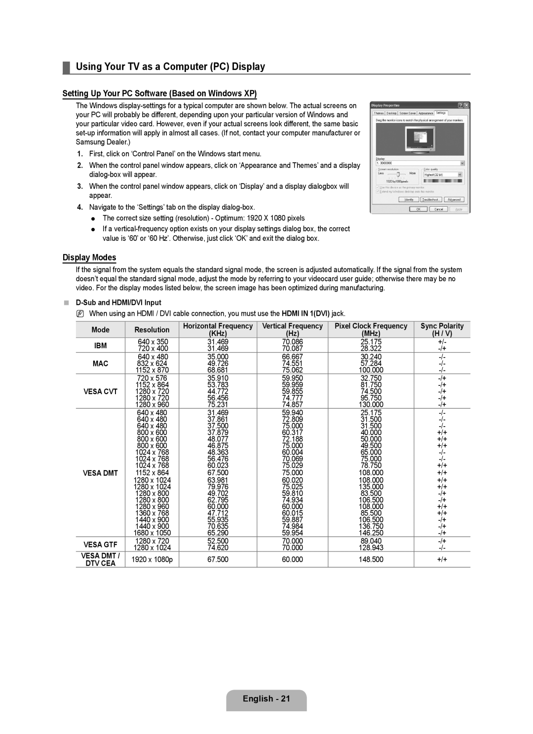 Samsung LN46B630 Using Your TV as a Computer PC Display, Setting Up Your PC Software Based on Windows XP, Display Modes 