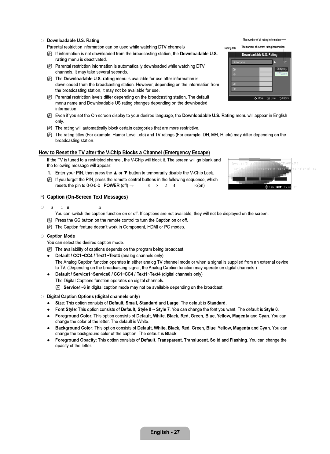 Samsung LN32B650, LN55B640, LN52B630, LN37B650, LN40B630, LN40B640, LN46B640, LN46B630 user manual Caption On-Screen Text Messages 