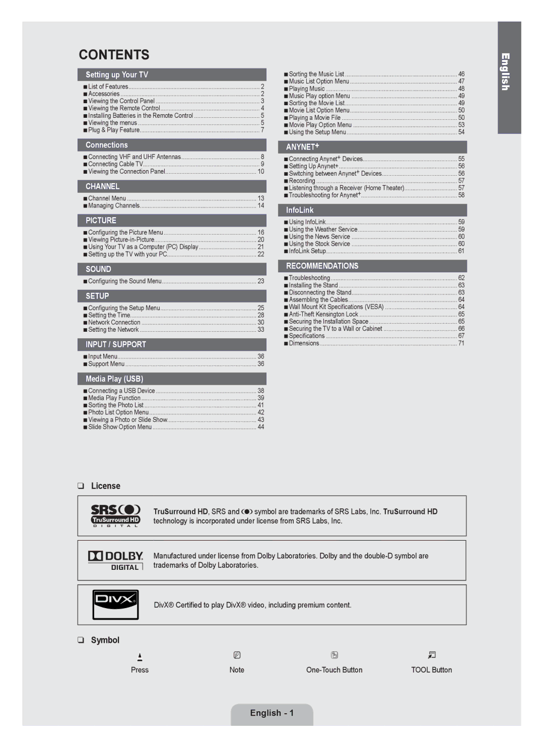 Samsung LN40B630, LN55B640, LN52B630, LN37B650, LN40B640, LN32B650, LN46B640, LN46B630 user manual Contents 