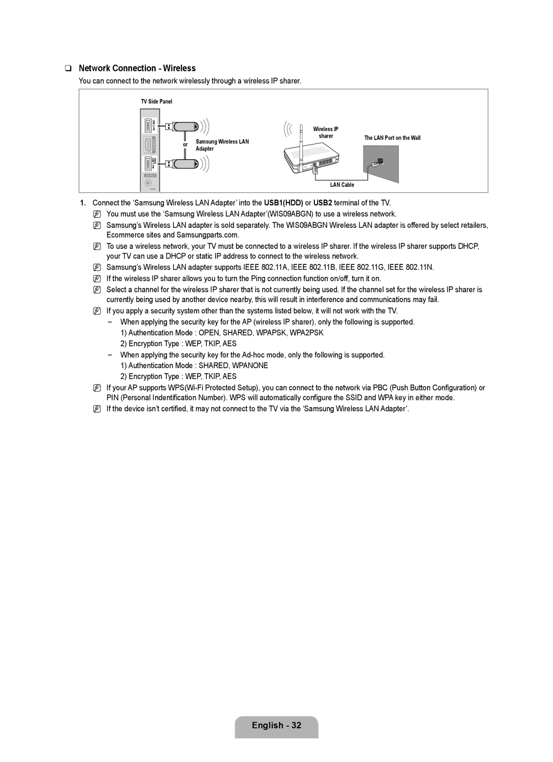 Samsung LN37B650, LN55B640, LN52B630, LN40B630, LN40B640, LN32B650, LN46B640, LN46B630 user manual Network Connection Wireless 