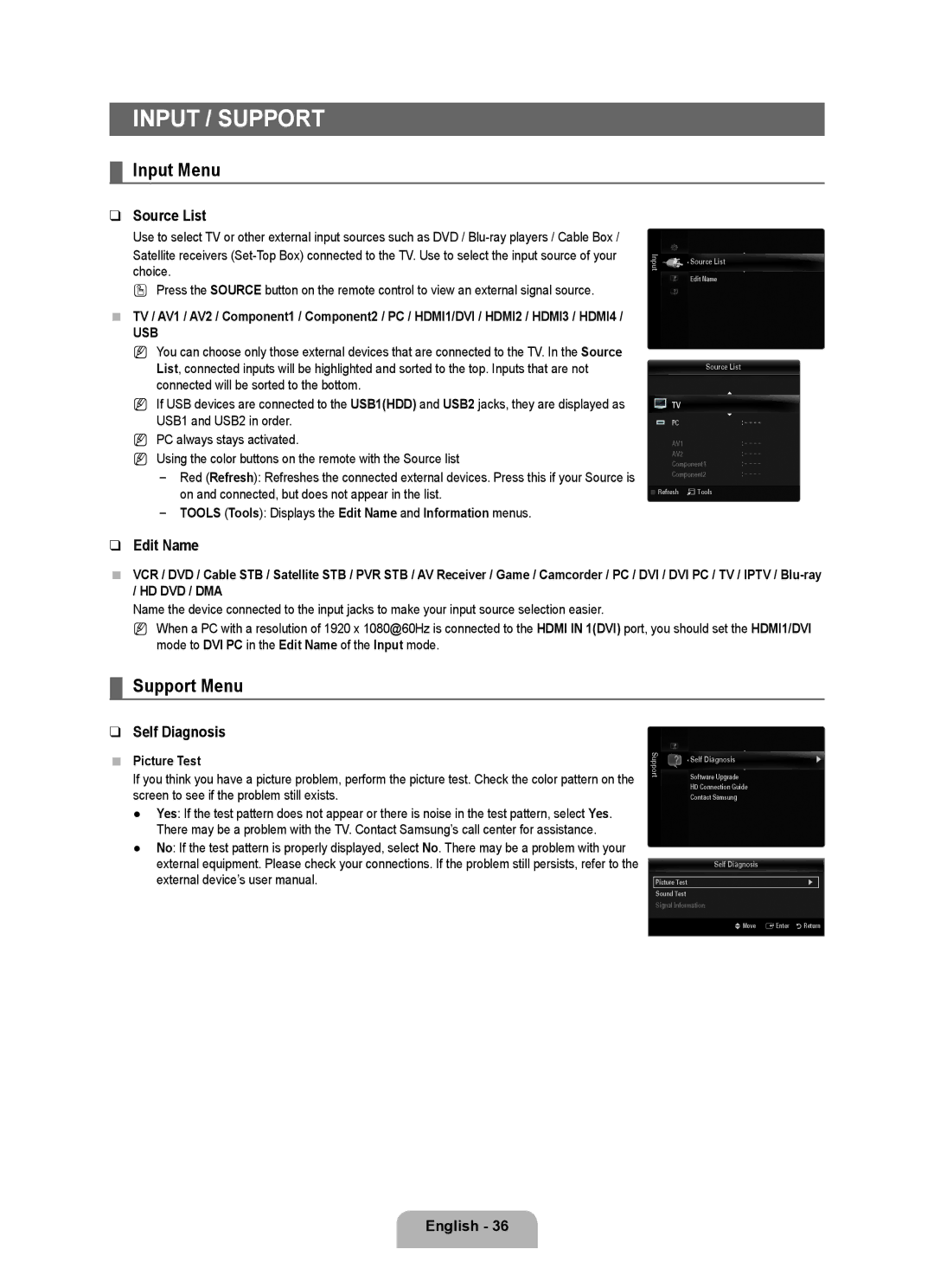 Samsung LN46B640, LN55B640, LN52B630, LN37B650, LN40B630, LN40B640, LN32B650, LN46B630 user manual Input Menu, Support Menu 