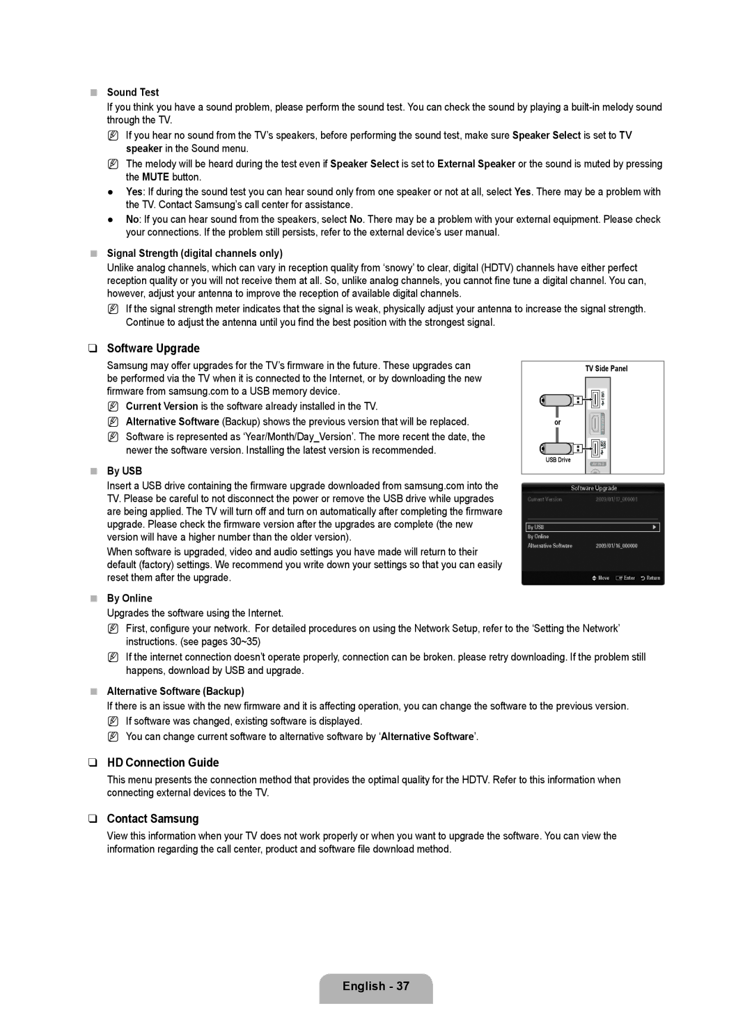 Samsung LN46B630, LN55B640, LN52B630, LN37B650, LN40B630, LN40B640 Software Upgrade, HD Connection Guide, Contact Samsung 