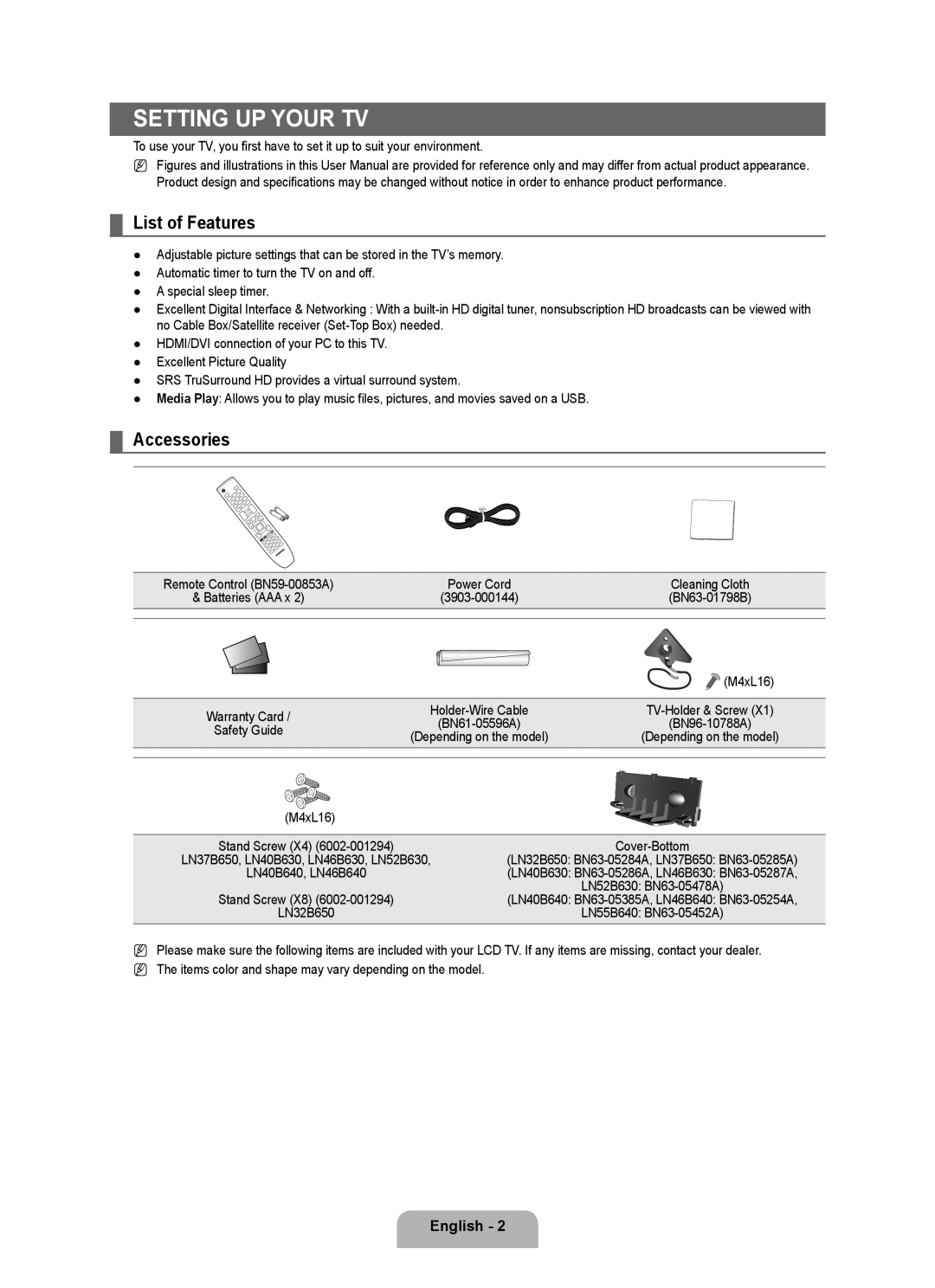 Samsung LN40B640, LN55B640 List of Features, Accessories, 3903-000144, M4xL16 Stand Screw X4 Cover-Bottom, Stand Screw X8 