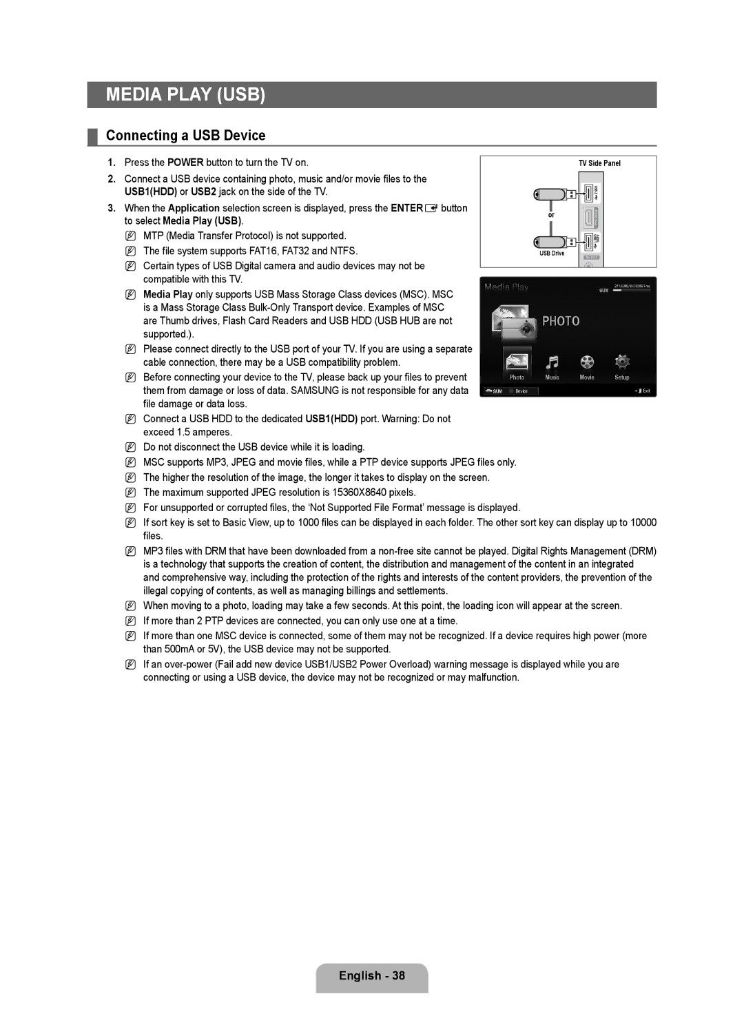 Samsung LN55B640, LN52B630 Press the Power button to turn the TV on, To select Media Play USB, Photo Music Movie Setup 