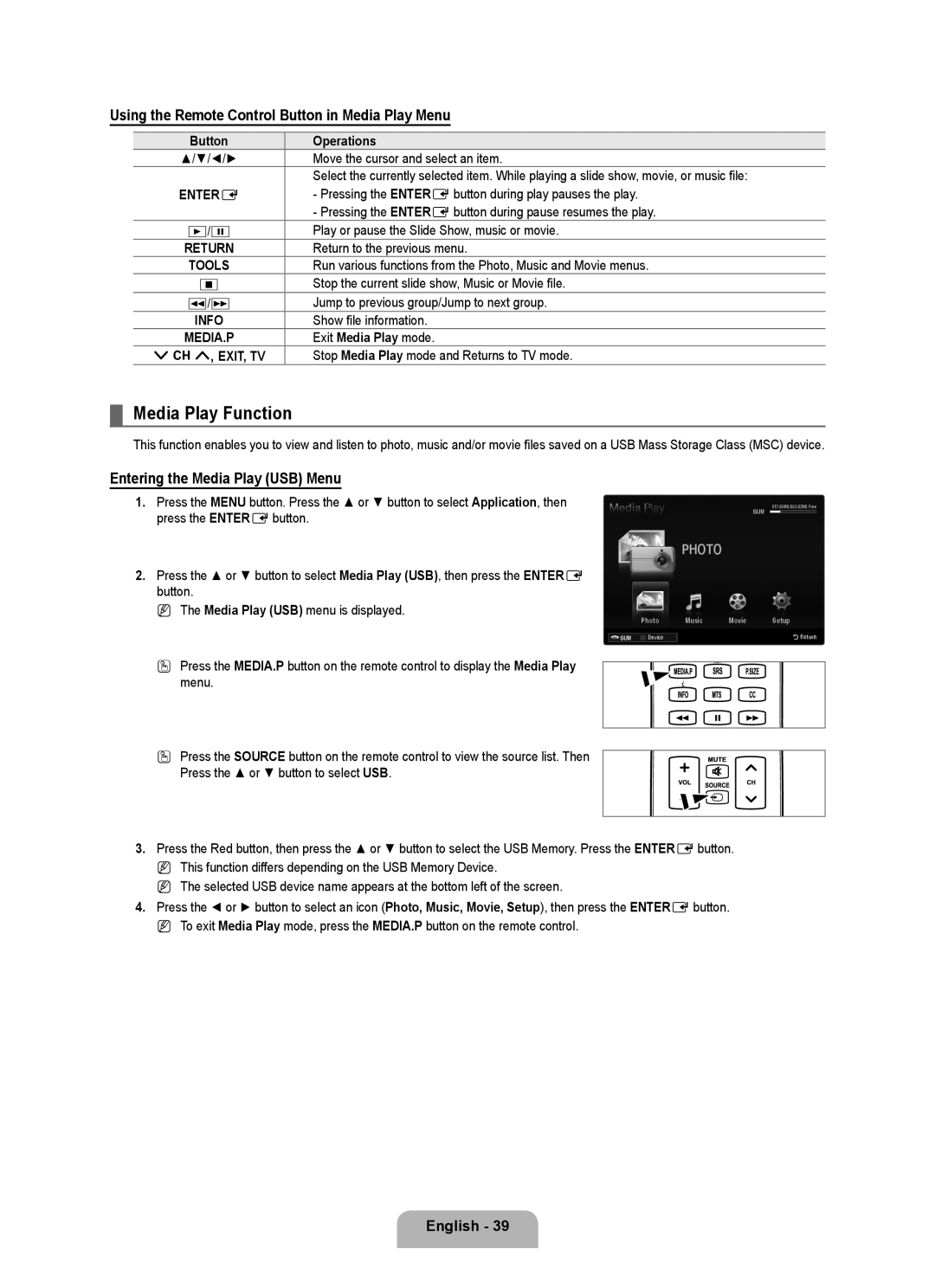 Samsung LN52B630 Media Play Function, Using the Remote Control Button in Media Play Menu, Entering the Media Play USB Menu 