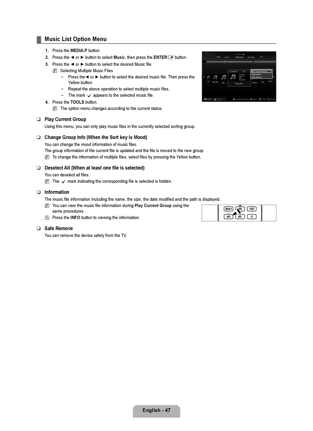 Samsung LN52B630, LN55B640, LN37B650, LN40B630, LN40B640 Music List Option Menu, Change Group Info When the Sort key is Mood 