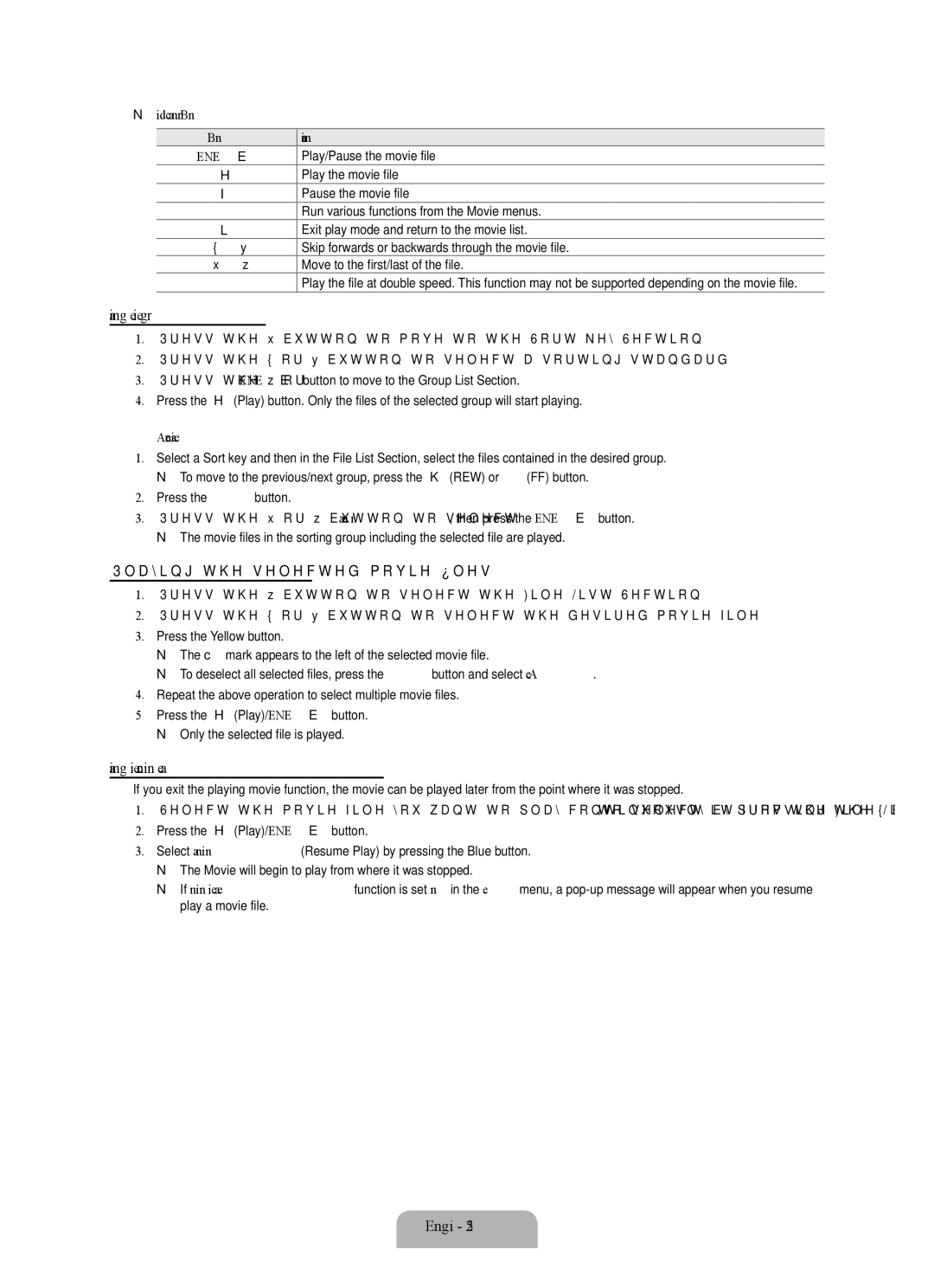 Samsung LN46B640 Playing the movie group, Playing the selected movie files, Playing movie continuously Resume Play 