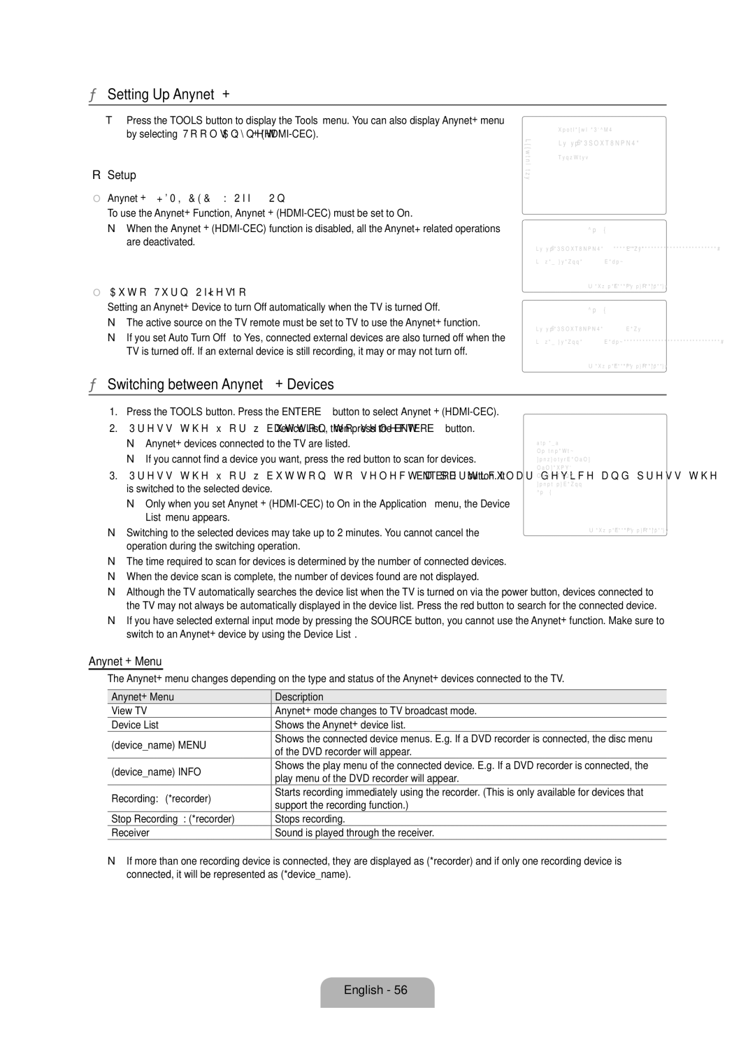 Samsung LN37B650, LN55B640, LN52B630, LN40B630 Setting Up Anynet+, Switching between Anynet+ Devices, Setup, Anynet+ Menu 