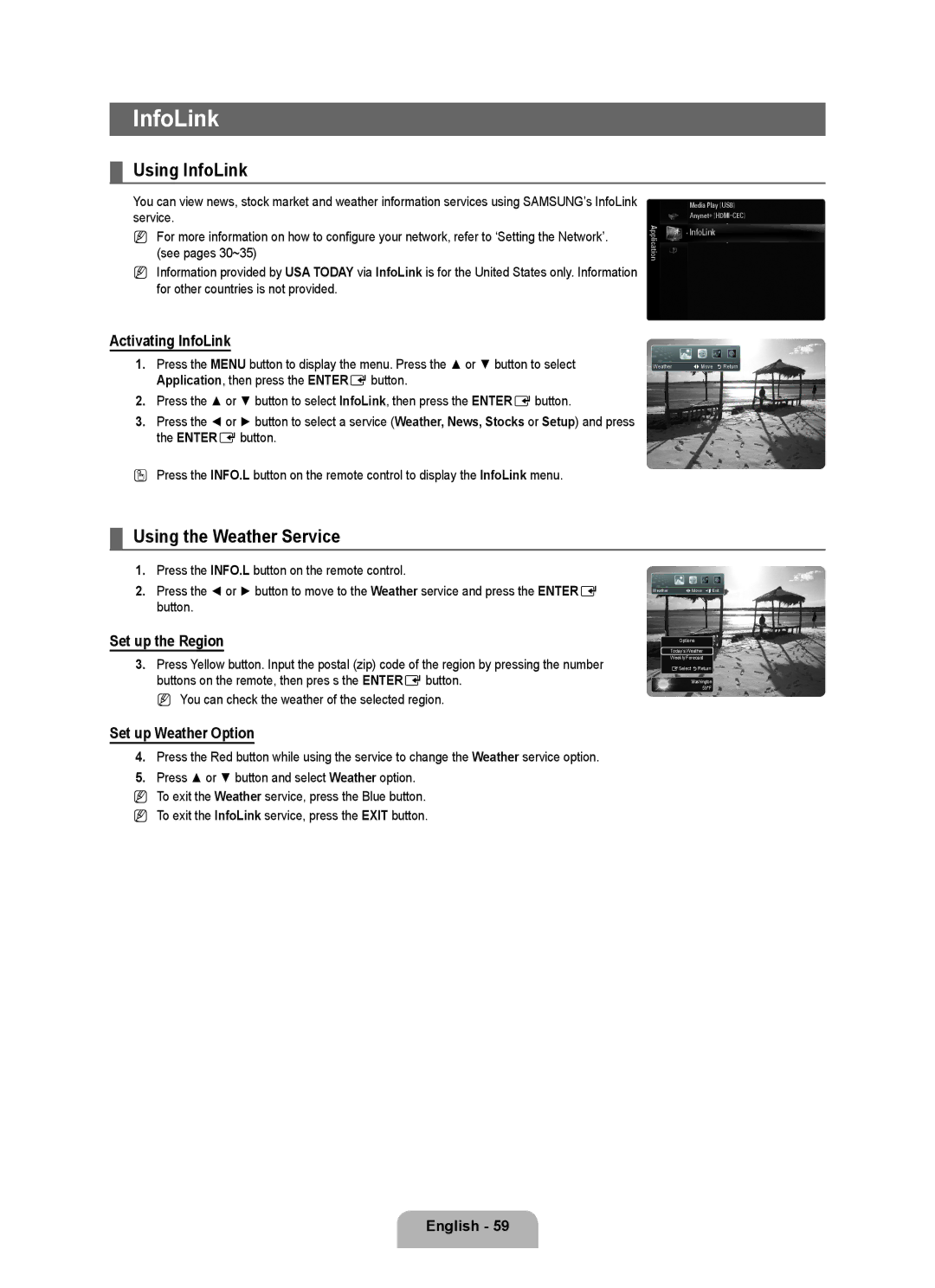 Samsung LN32B650 Using InfoLink, Using the Weather Service, Activating InfoLink, Set up the Region, Set up Weather Option 