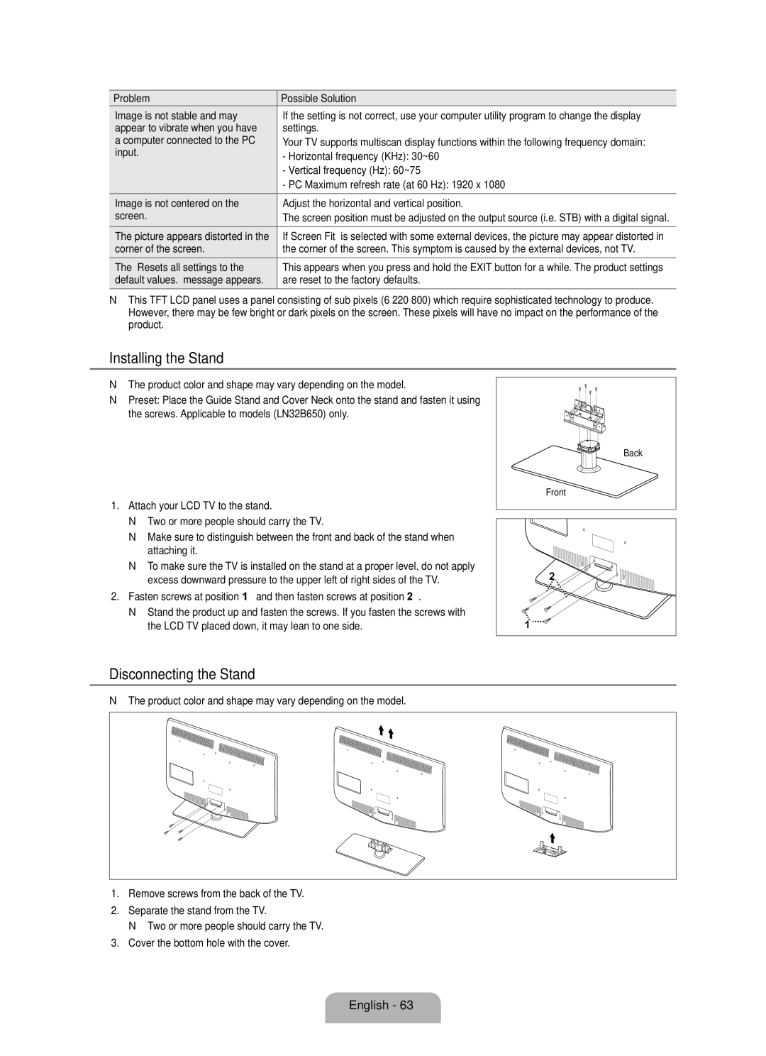 Samsung LN52B630, LN55B640, LN37B650, LN40B630, LN40B640, LN32B650, LN46B640 Installing the Stand, Disconnecting the Stand 