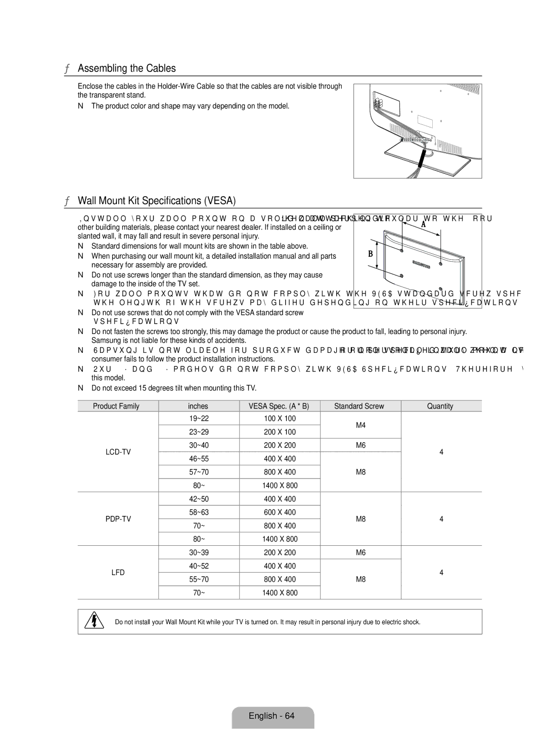 Samsung LN37B650, LN55B640, LN52B630, LN40B630, LN40B640, LN32B650 Assembling the Cables, Wall Mount Kit Specifications Vesa 