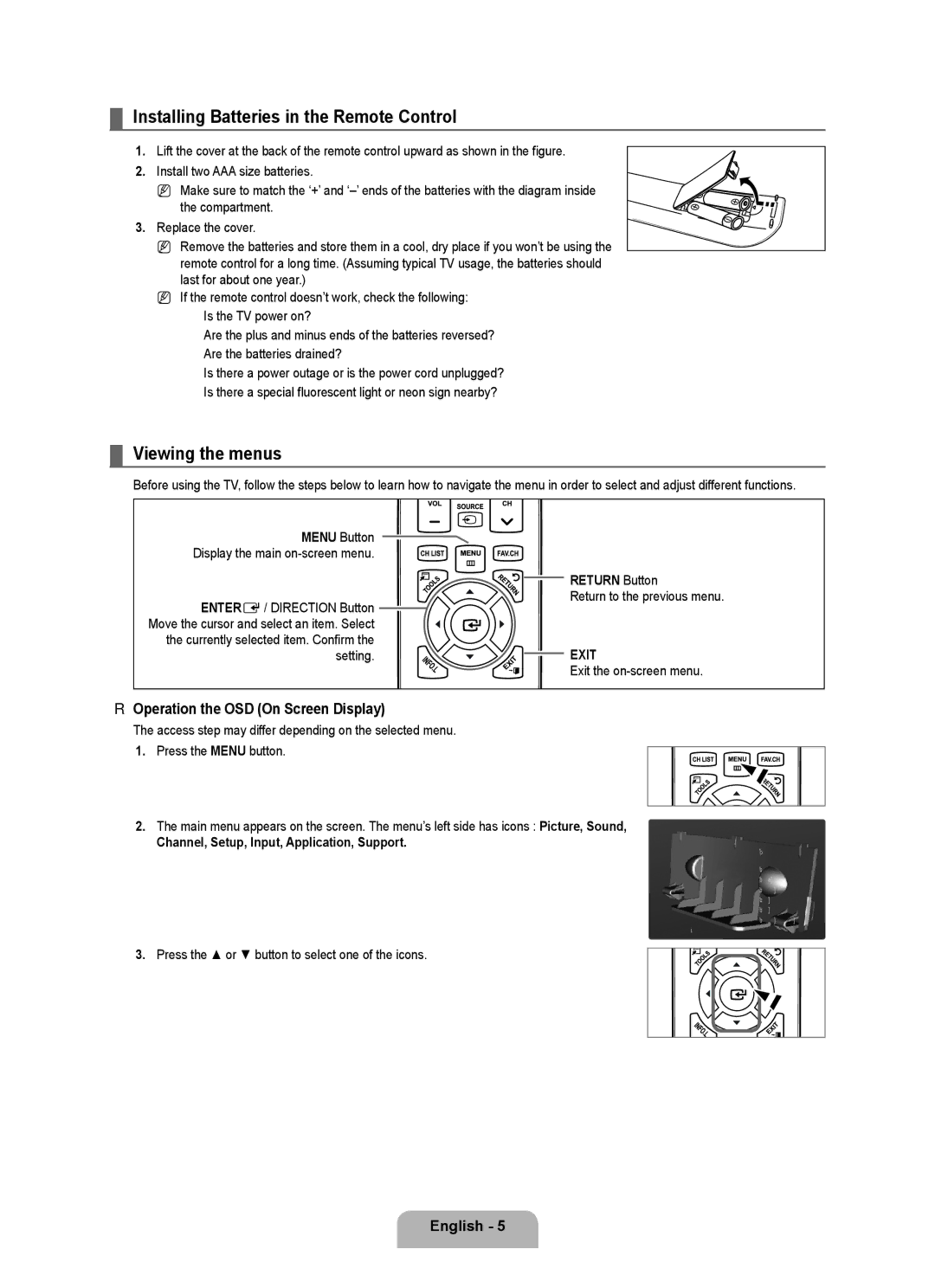Samsung LN46B630 Installing Batteries in the Remote Control, Viewing the menus, Operation the OSD On Screen Display 