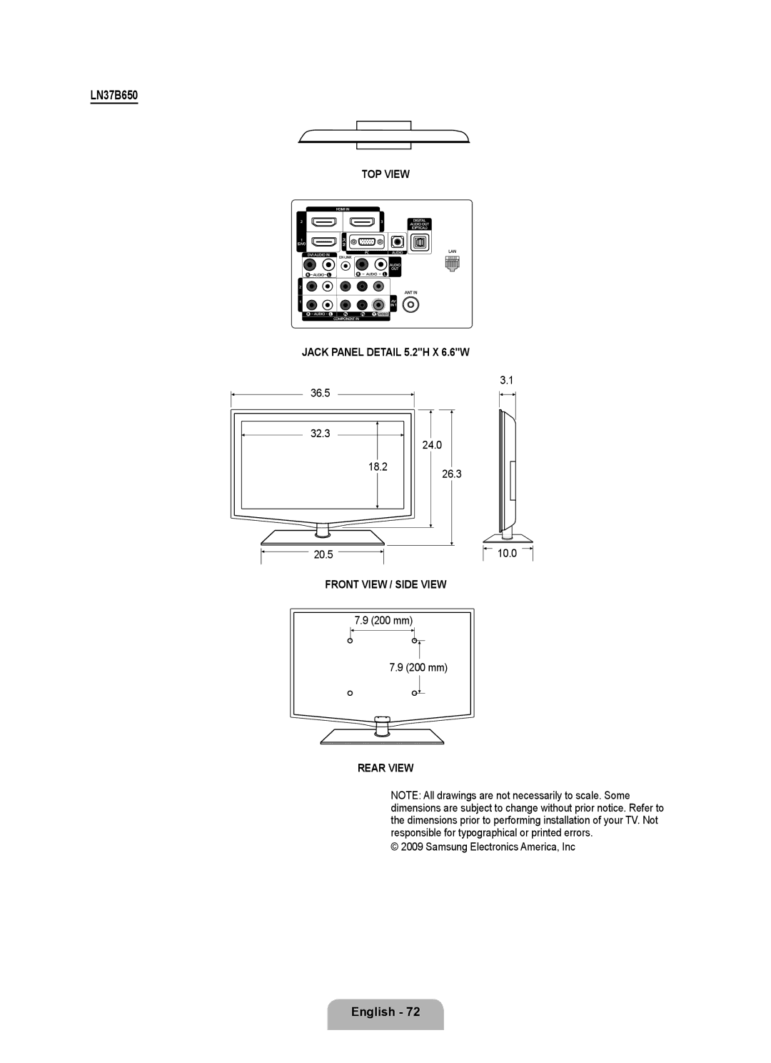 Samsung LN37B650, LN55B640, LN52B630, LN40B630, LN40B640, LN32B650, LN46B640, LN46B630 user manual 36.5 32.3 24.0 18.2 10.0 20.5 