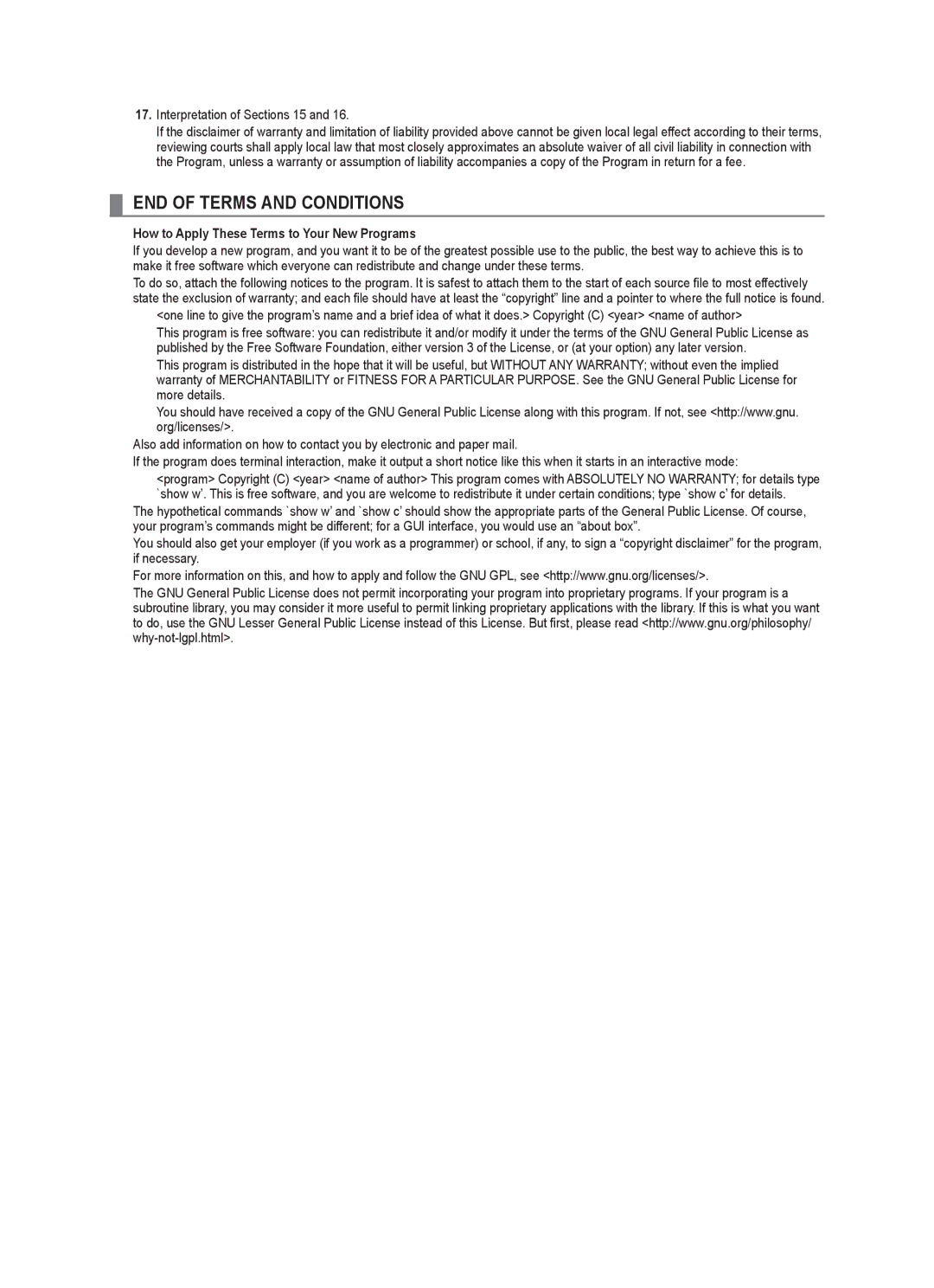 Samsung LN46B640, LN55B640, LN52B630, LN37B650 Interpretation of Sections 15, How to Apply These Terms to Your New Programs 