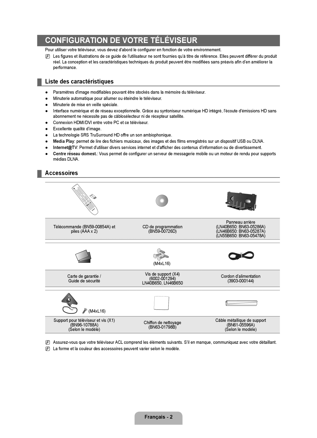 Samsung LN40B650, LN55B650 Configuration de votre téléviseur, Liste des caractéristiques, Accessoires, Vis de support 