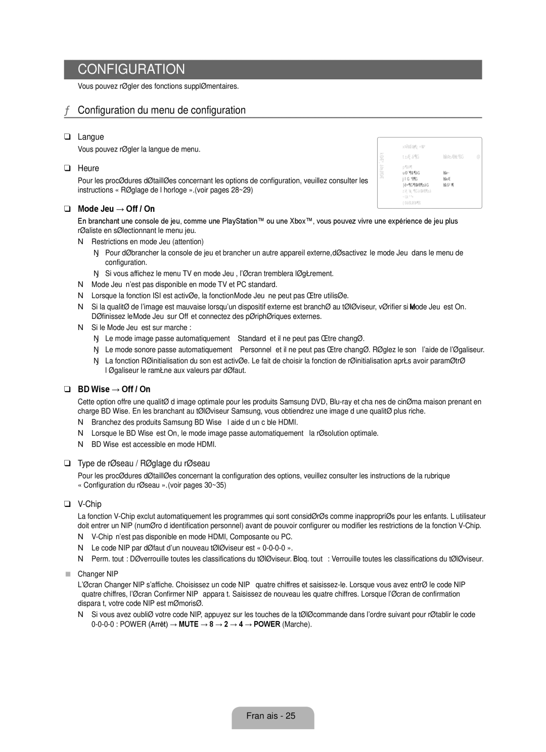 Samsung LN55B650, LN40B650, LN46B650 user manual Configuration du menu de configuration, Langue, Heure, Mode Jeu → Off / On 