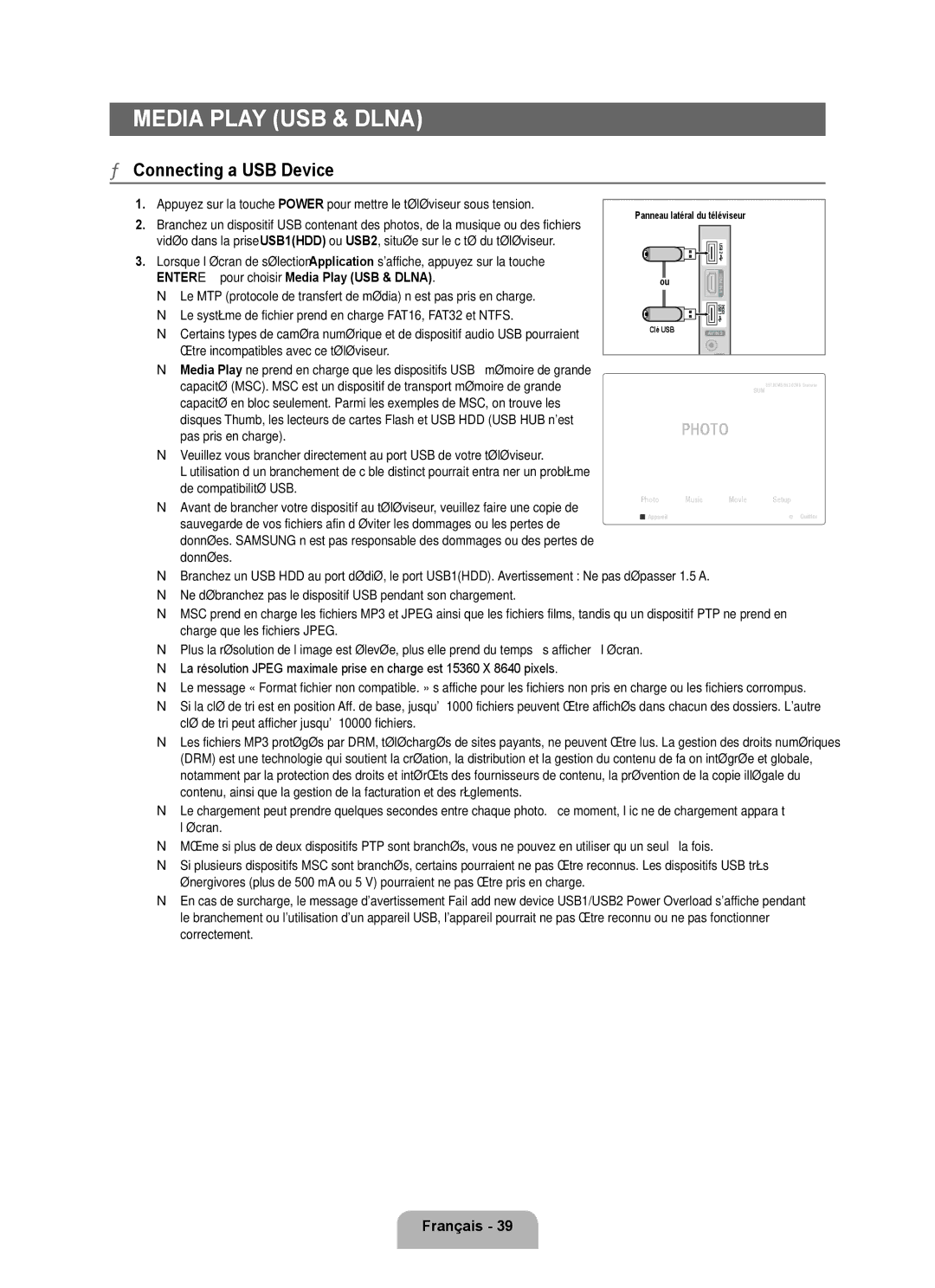 Samsung LN46B650, LN55B650, LN40B650 user manual ENTEREpour choisir Media Play USB & Dlna 