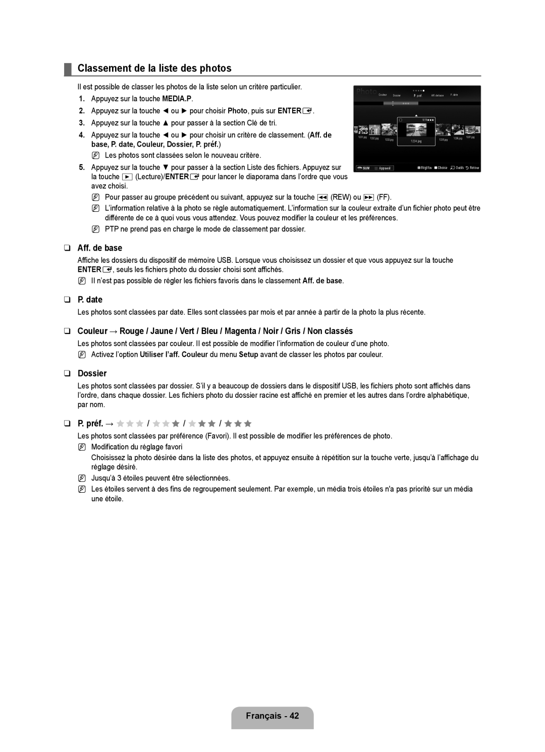 Samsung LN46B650, LN55B650 Classement de la liste des photos, Aff. de base, Date, Dossier, Préf. → FFF / FFF / FFF / FFF 