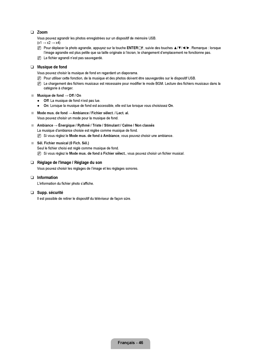 Samsung LN55B650 Réglage de limage / Réglage du son, Musique de fond → Off / On, Sél. Fichier musical 0 Fich. Sél 