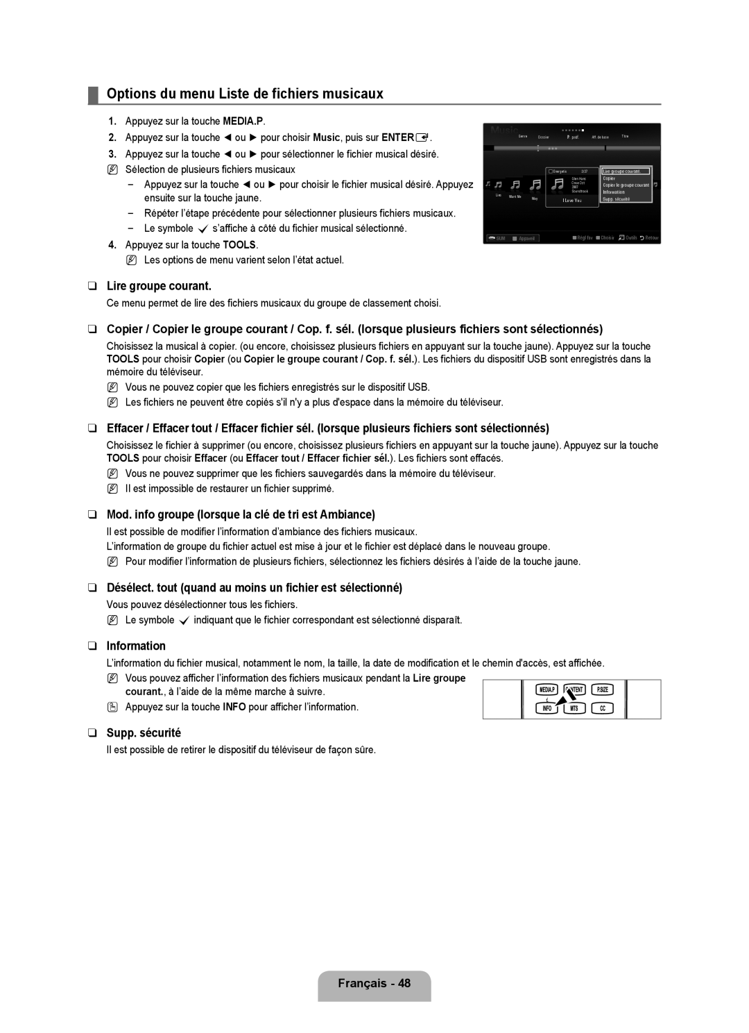 Samsung LN46B650, LN55B650 Options du menu Liste de fichiers musicaux, Mod. info groupe lorsque la clé de tri est Ambiance 