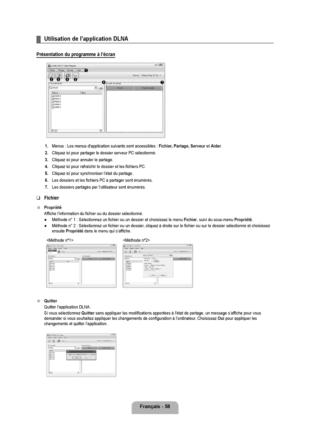 Samsung LN55B650 Utilisation de l’application Dlna, Présentation du programme à l’écran, Fichier, Propriété, Quitter 