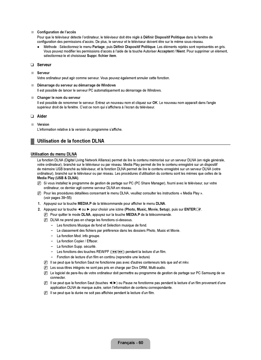 Samsung LN46B650, LN55B650, LN40B650 user manual Utilisation de la fonction Dlna, Serveur, Aider, Utilisation du menu Dlna 