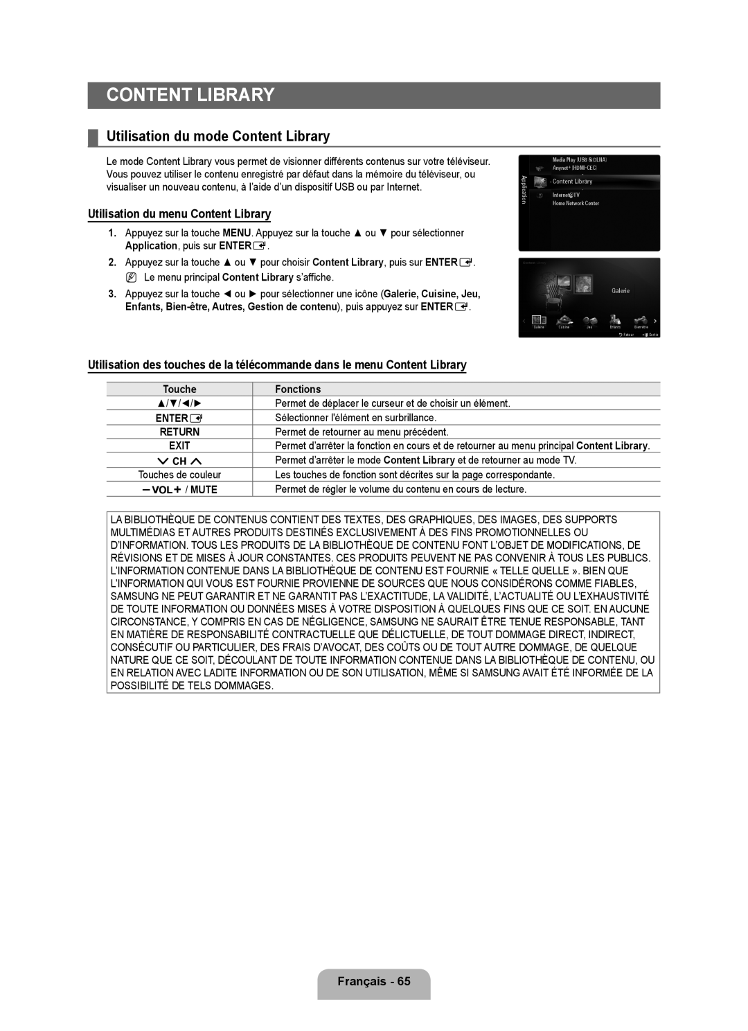 Samsung LN40B650 Content LIBRARy, Utilisation du mode Content Library, Utilisation du menu Content Library, Français 6 