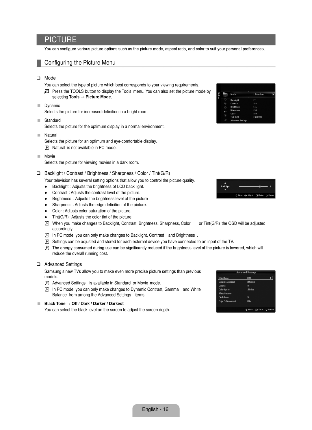 Samsung LN55B650, LN40B650, LN46B650 user manual Configuring the Picture Menu, Mode, Advanced Settings 