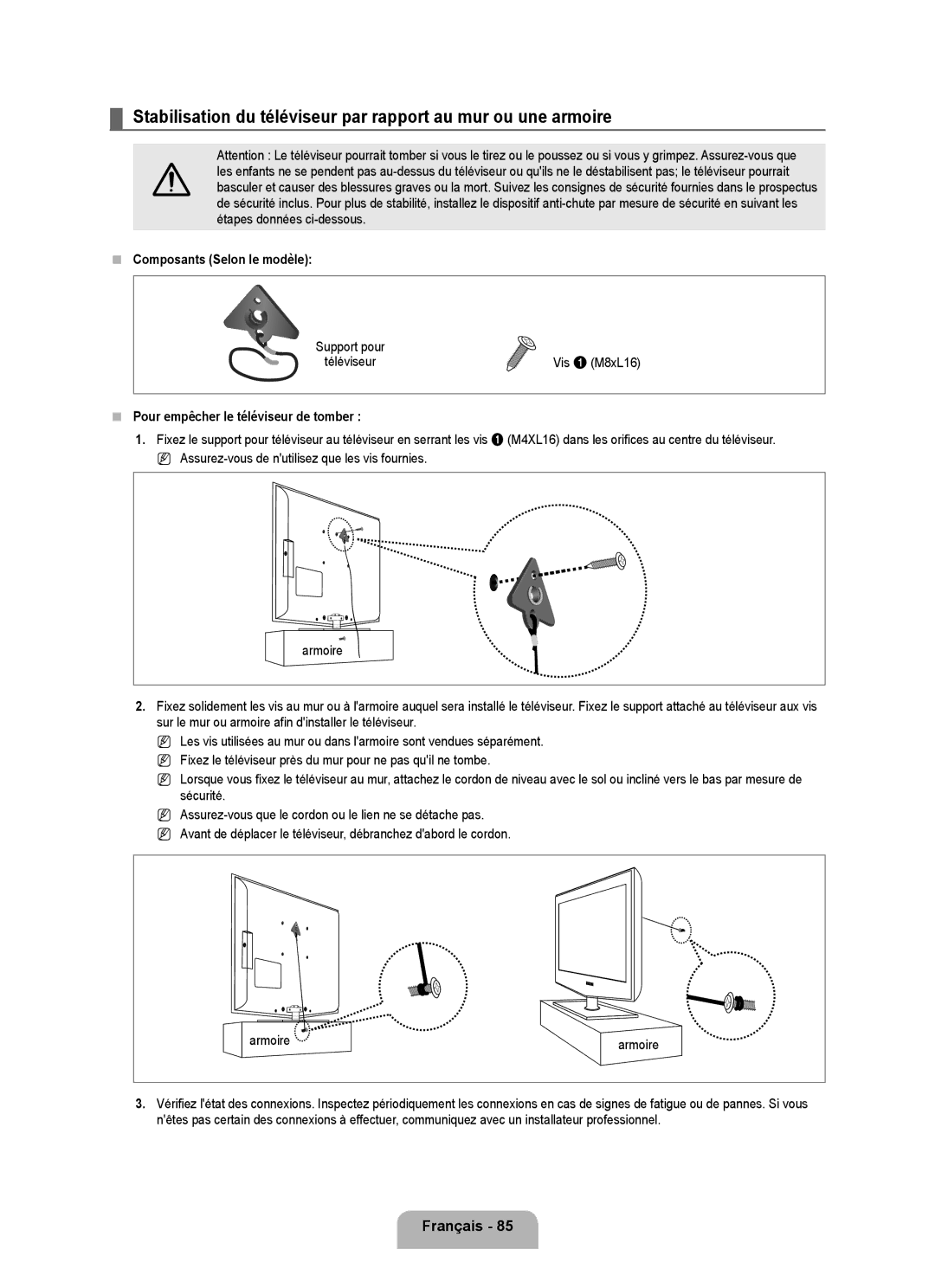 Samsung LN55B650, LN40B650, LN46B650 Français 8,  Composants Selon le modèle,  Pour empêcher le téléviseur de tomber 