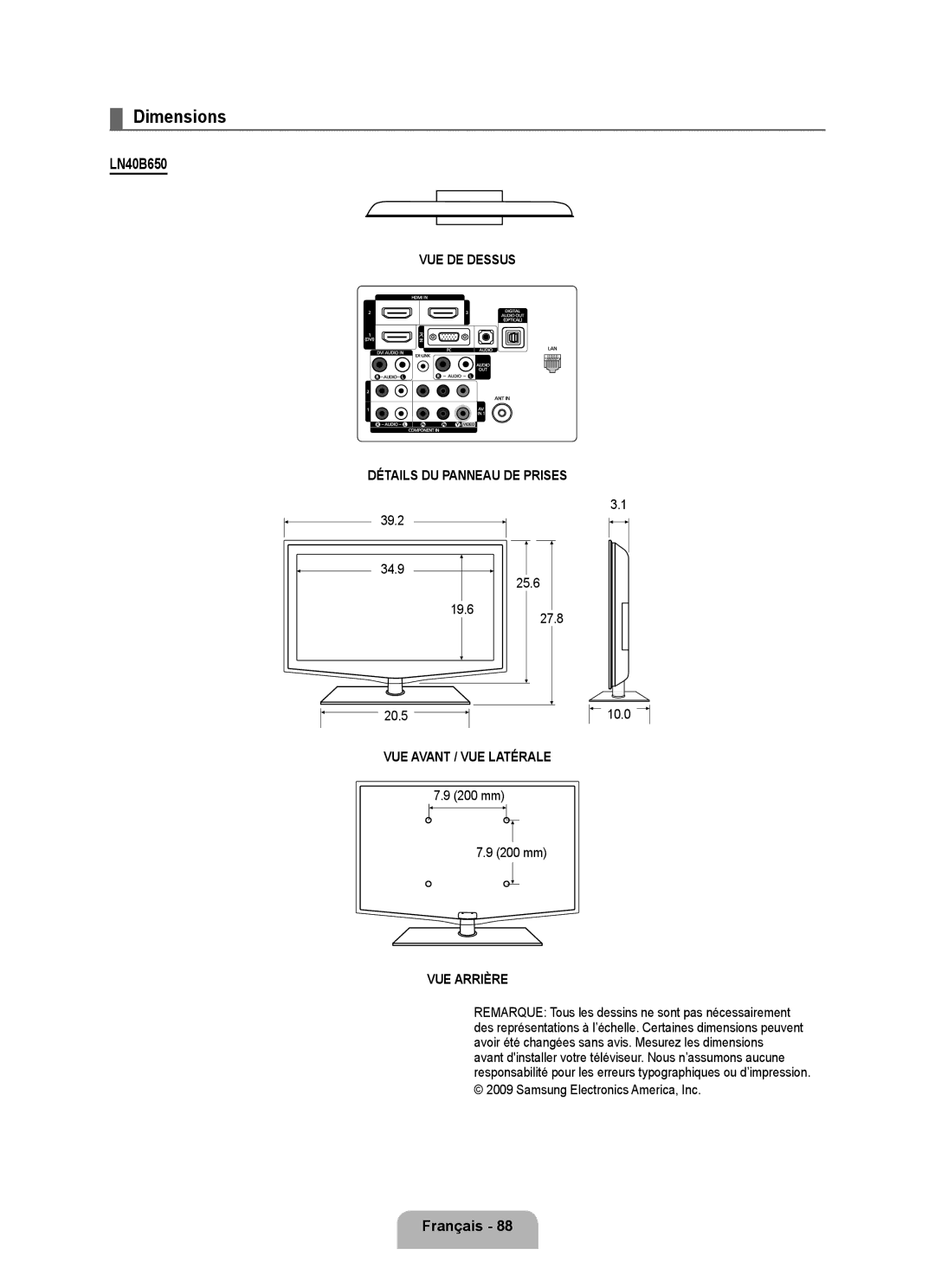 Samsung LN55B650, LN40B650, LN46B650 user manual VUE DE Dessus Détails DU Panneau DE Prises 