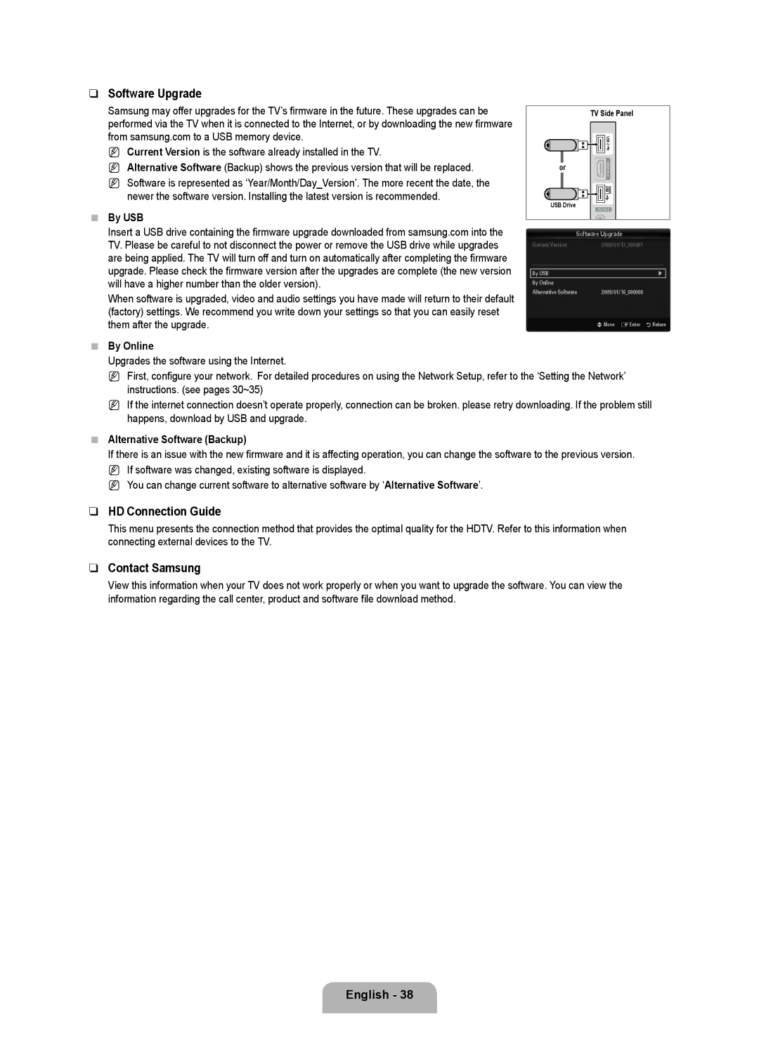 Samsung LN40B650, LN55B650, LN46B650 user manual Software Upgrade, HD Connection Guide, Contact Samsung 