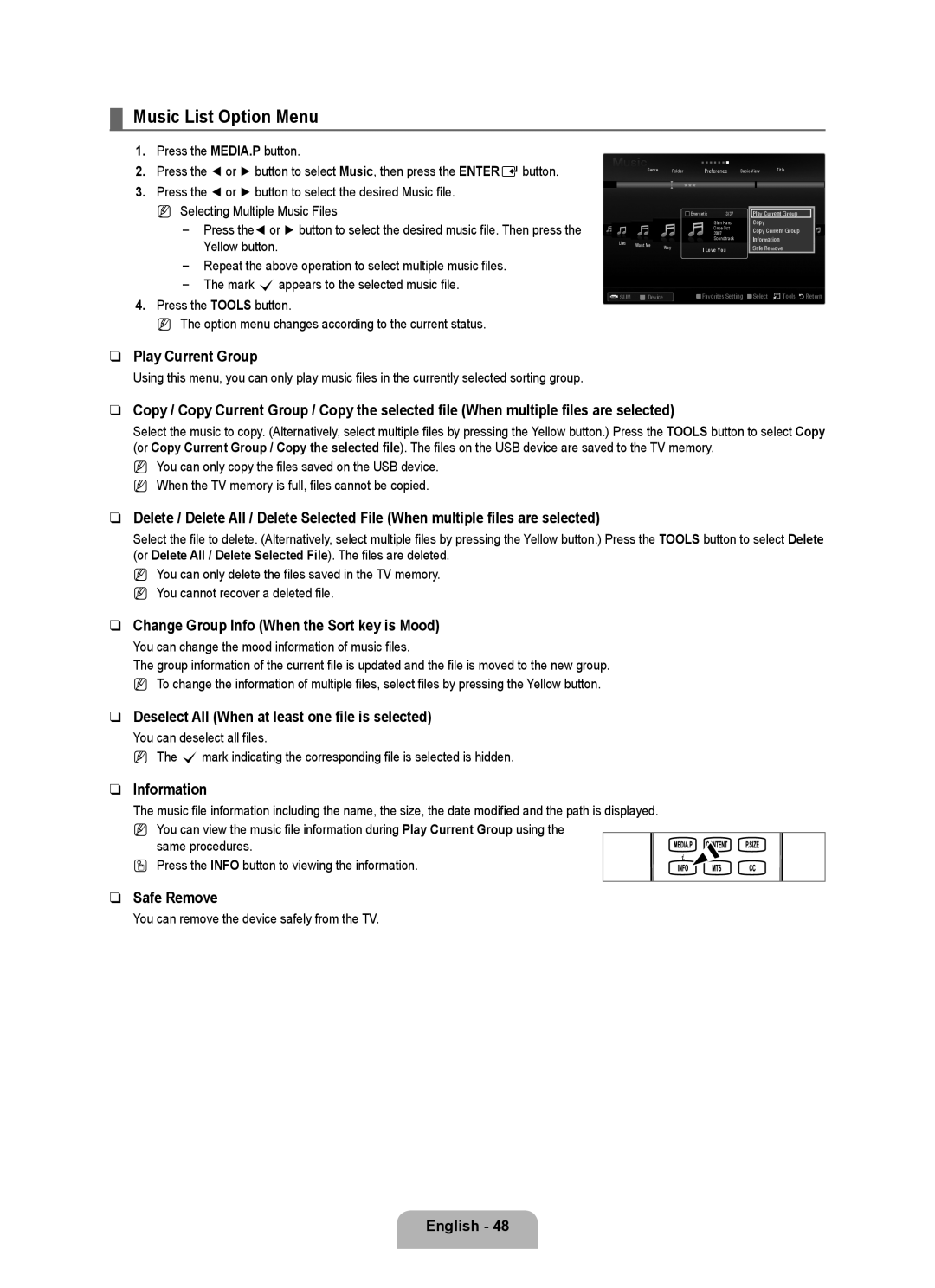 Samsung LN46B650, LN55B650, LN40B650 user manual Music List Option Menu, Change Group Info When the Sort key is Mood 