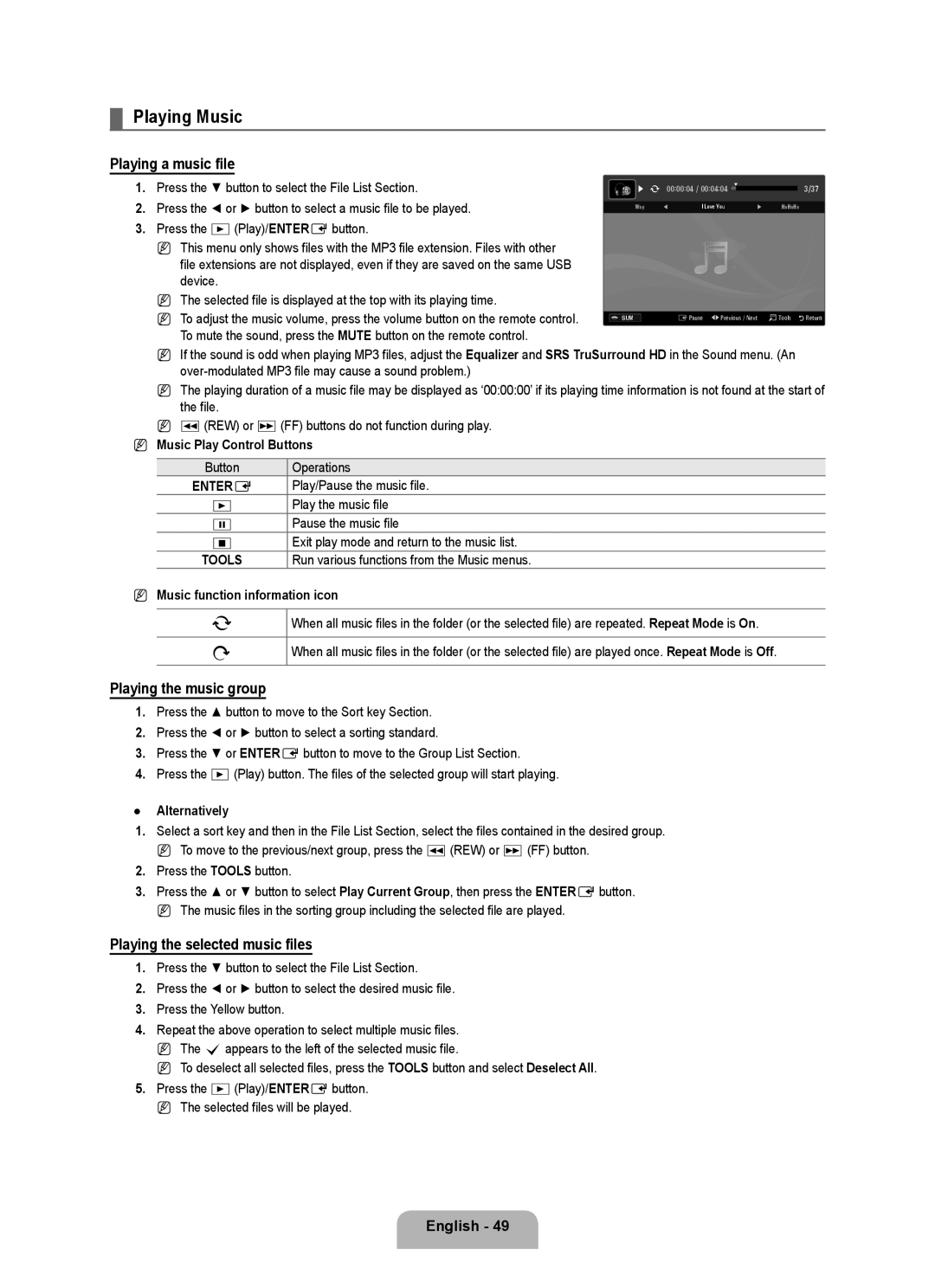Samsung LN55B650, LN40B650 Playing Music, Playing a music file, Playing the music group, Playing the selected music files 